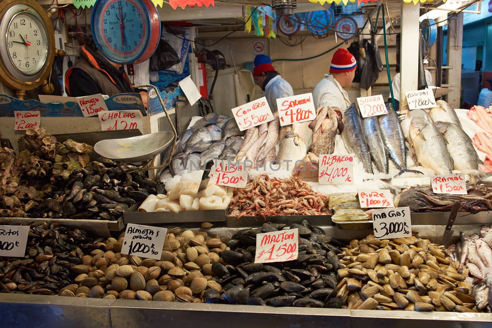 Fresh seafood for sale in the historic main fish market in the centre of Santiago, capital of Chile