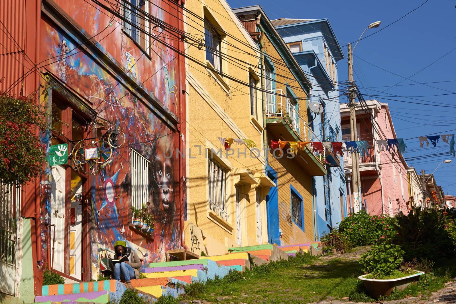Colourful urban art decorating buildings in the world heritage city of Valparaiso in Chile