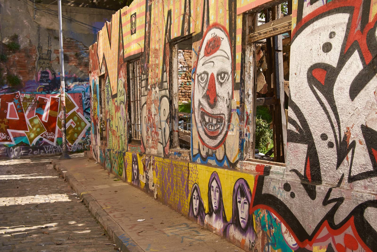 Colourful urban art decorating a street in the world heritage city of Valparaiso in Chile