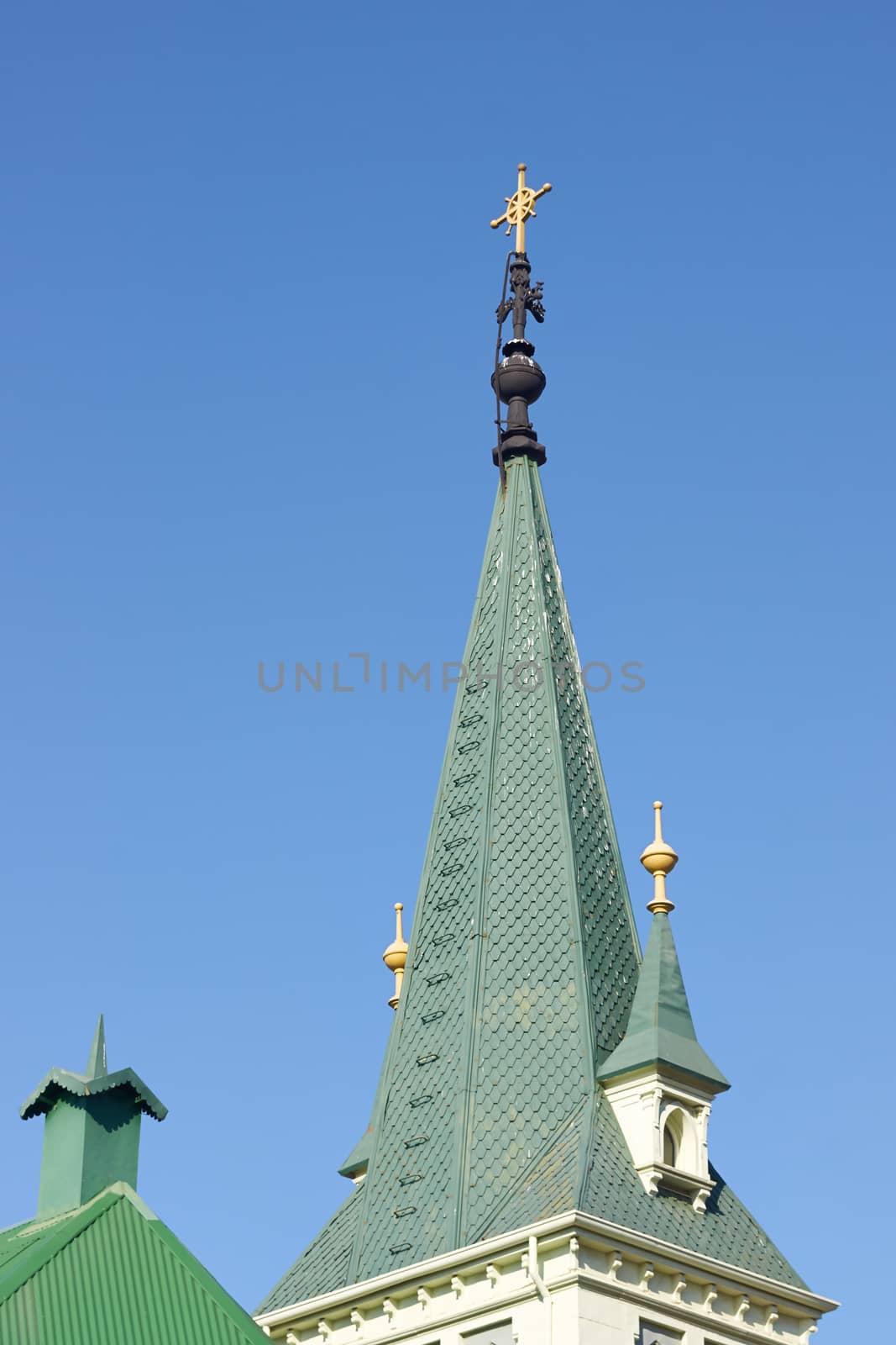 Green tower of the historic Iglesia Luterana in the world heritage city of Valparaiso in Chile