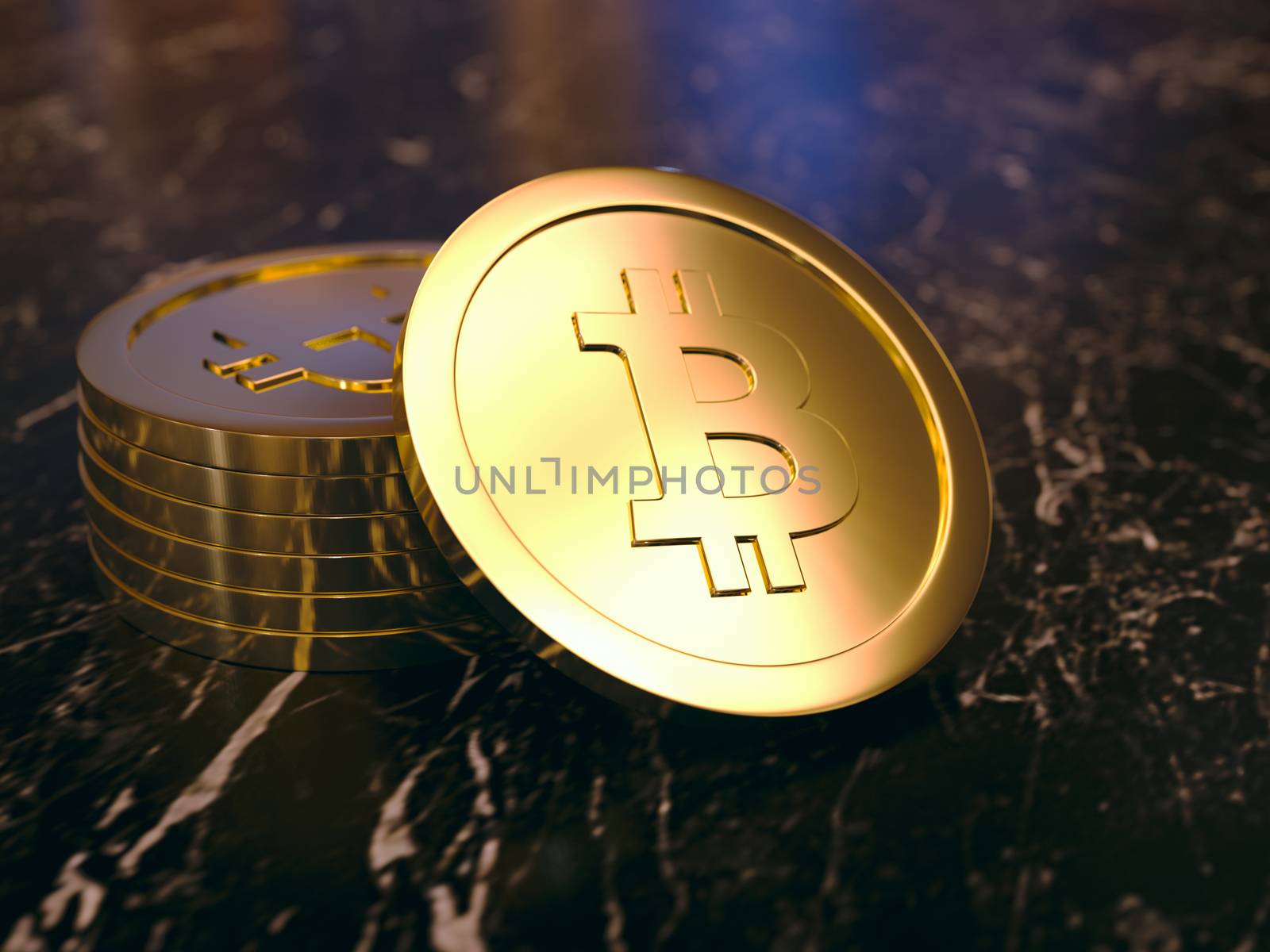 Rendering of a bitcoin propped against a stack of bitcoins on a dark background.