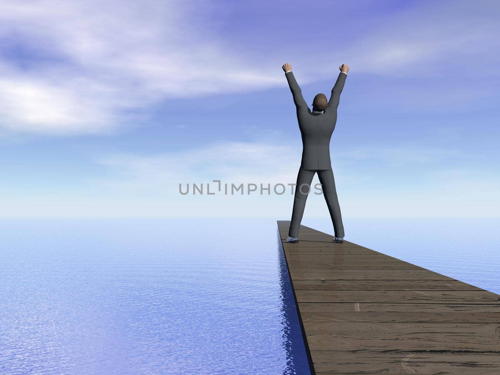 Businessman standing on a wooden pontoon looking at the ocean arms up for victory by beautiful day