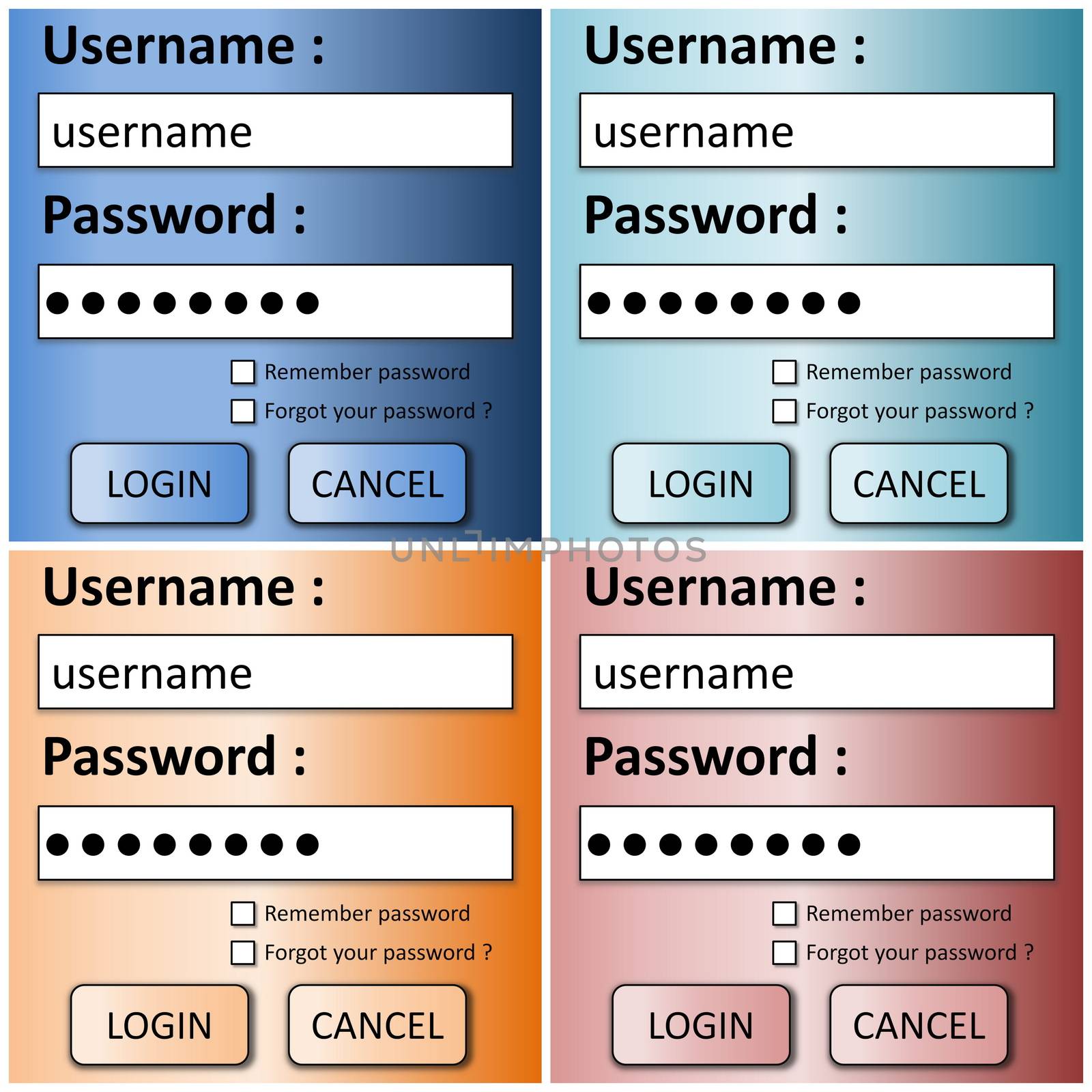 Set of four colorful user login form with password and buttons