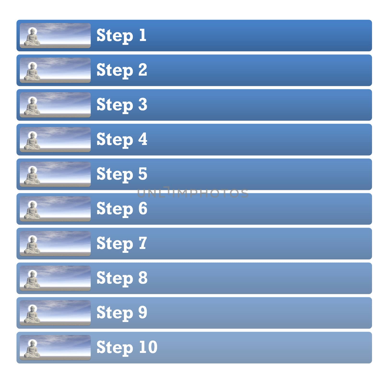 Business presentation diagram with ten steps and buddha meditating illustration and blank area to write description