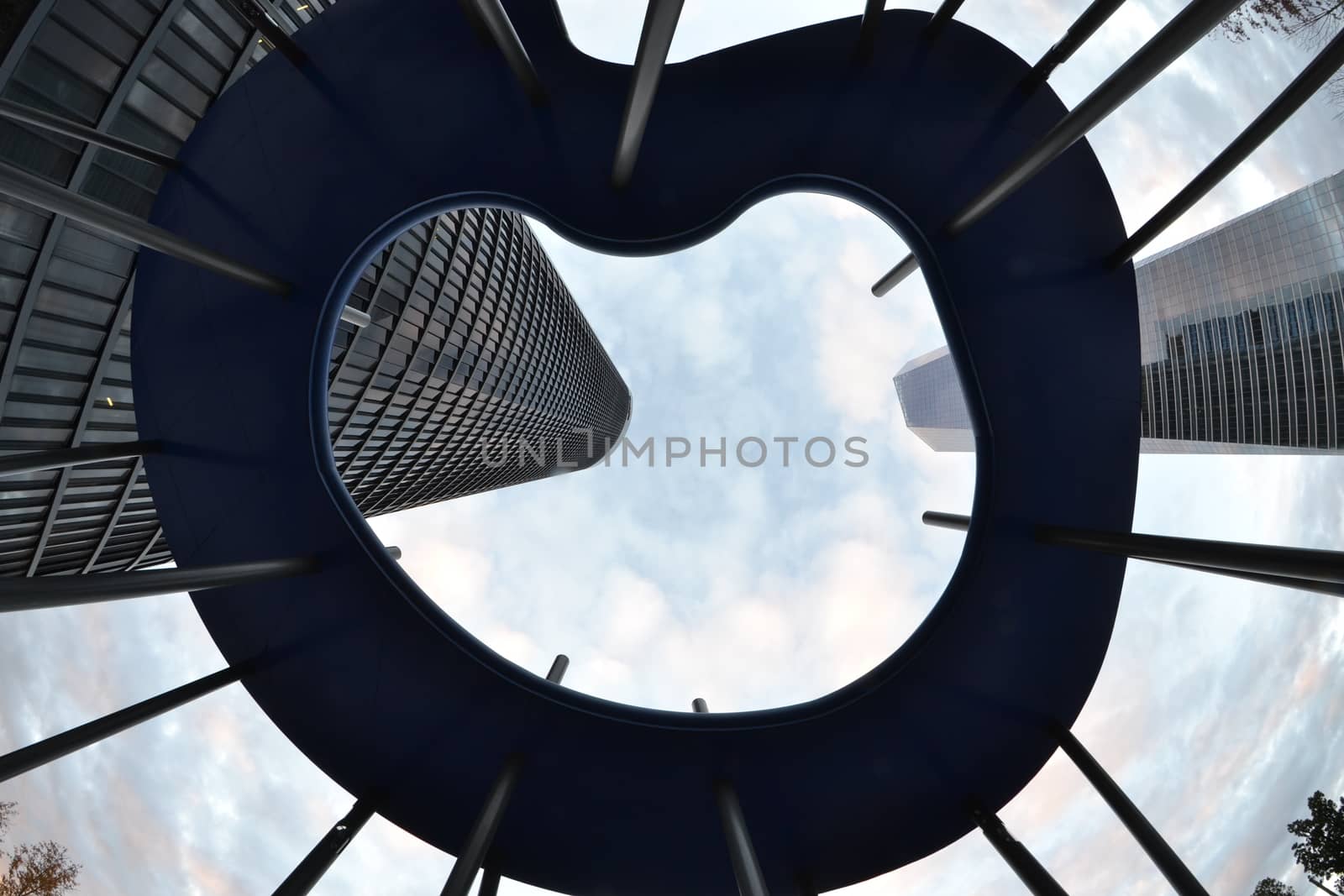 two towers through a fisheye lens, at twilight, Madrid, Spain by ncuisinier