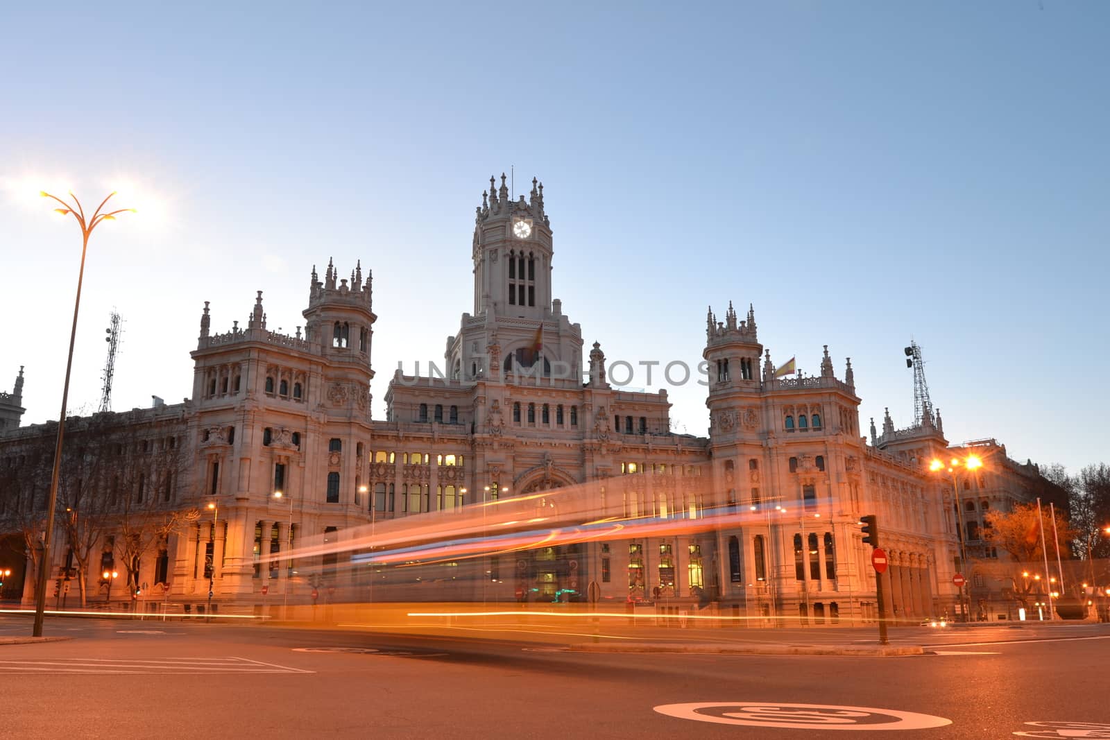 communication palace with rays of car lights, Madrid, Spain by ncuisinier
