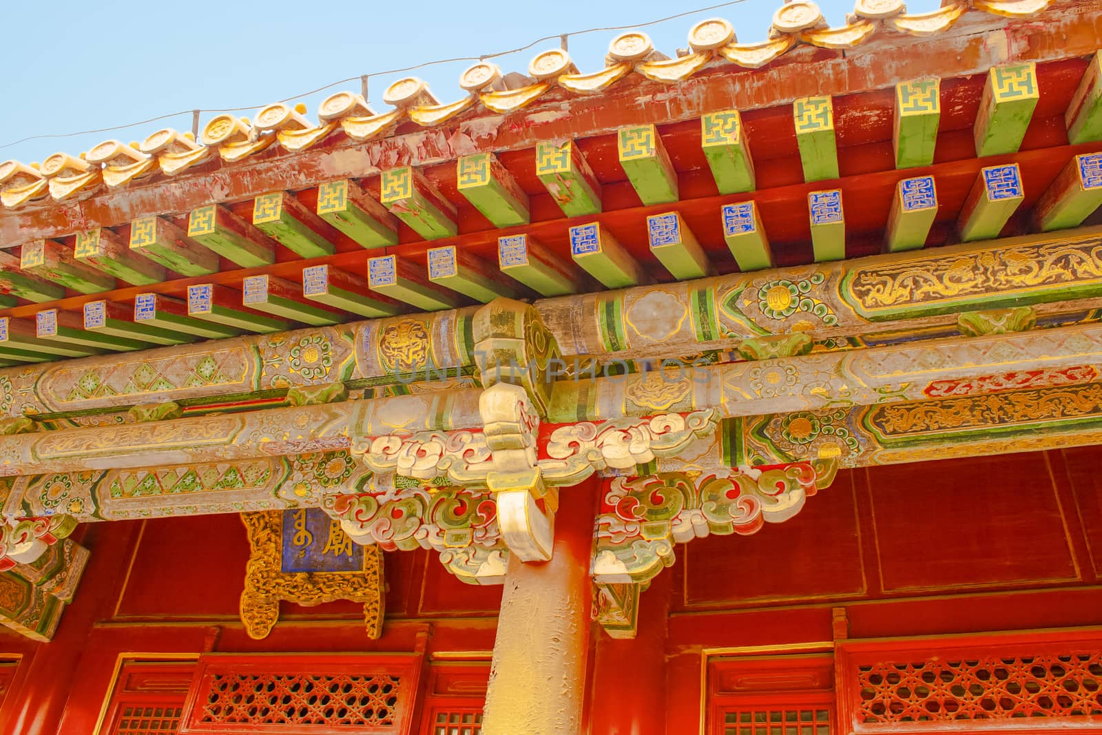 Ornately painted beams in the Forbidden City Shenyang Beijing China