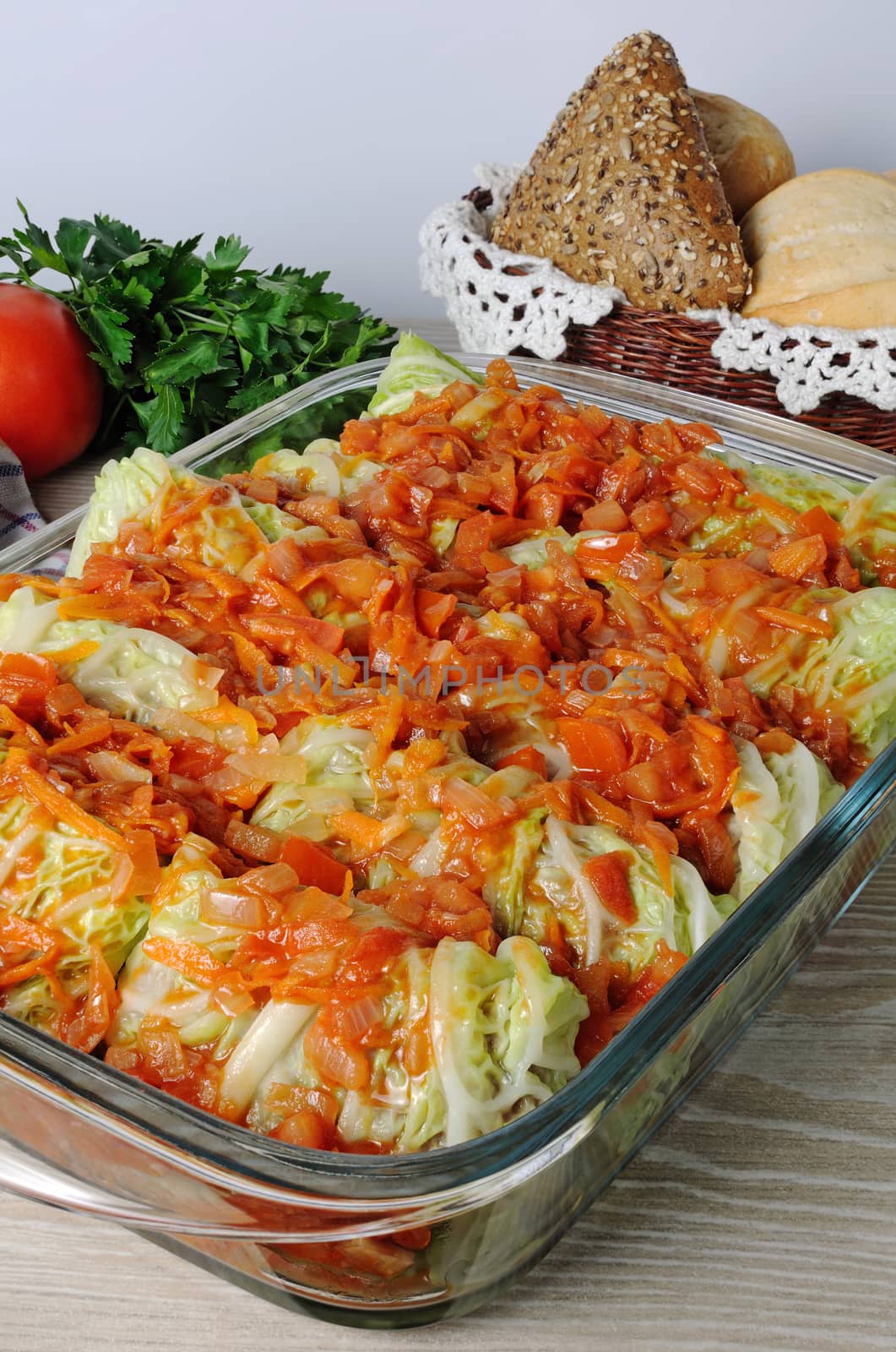 stuffed savoy cabbage in a glass pot