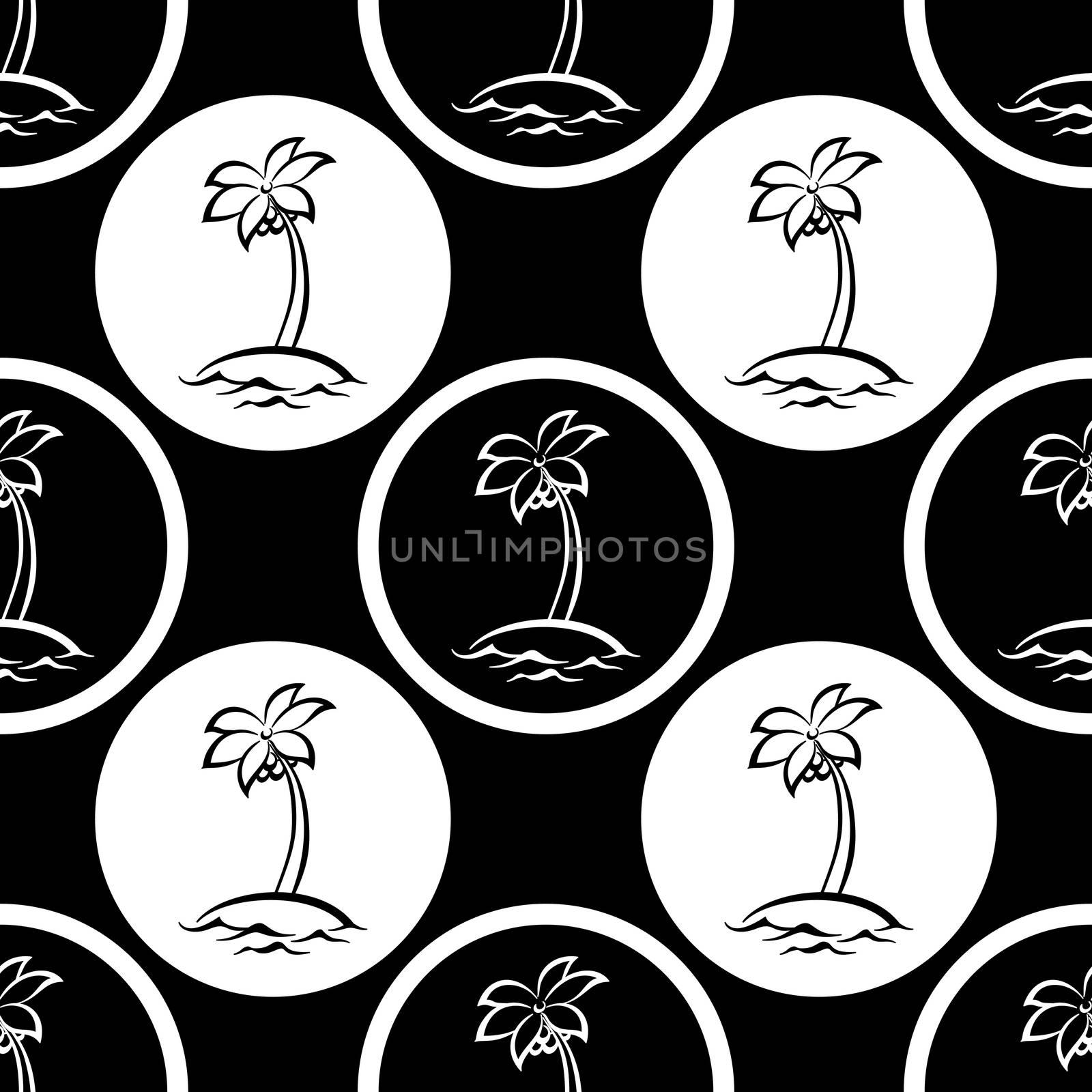 Seamless pattern, symbolical islands with palm trees in circles, black and white silhouettes.