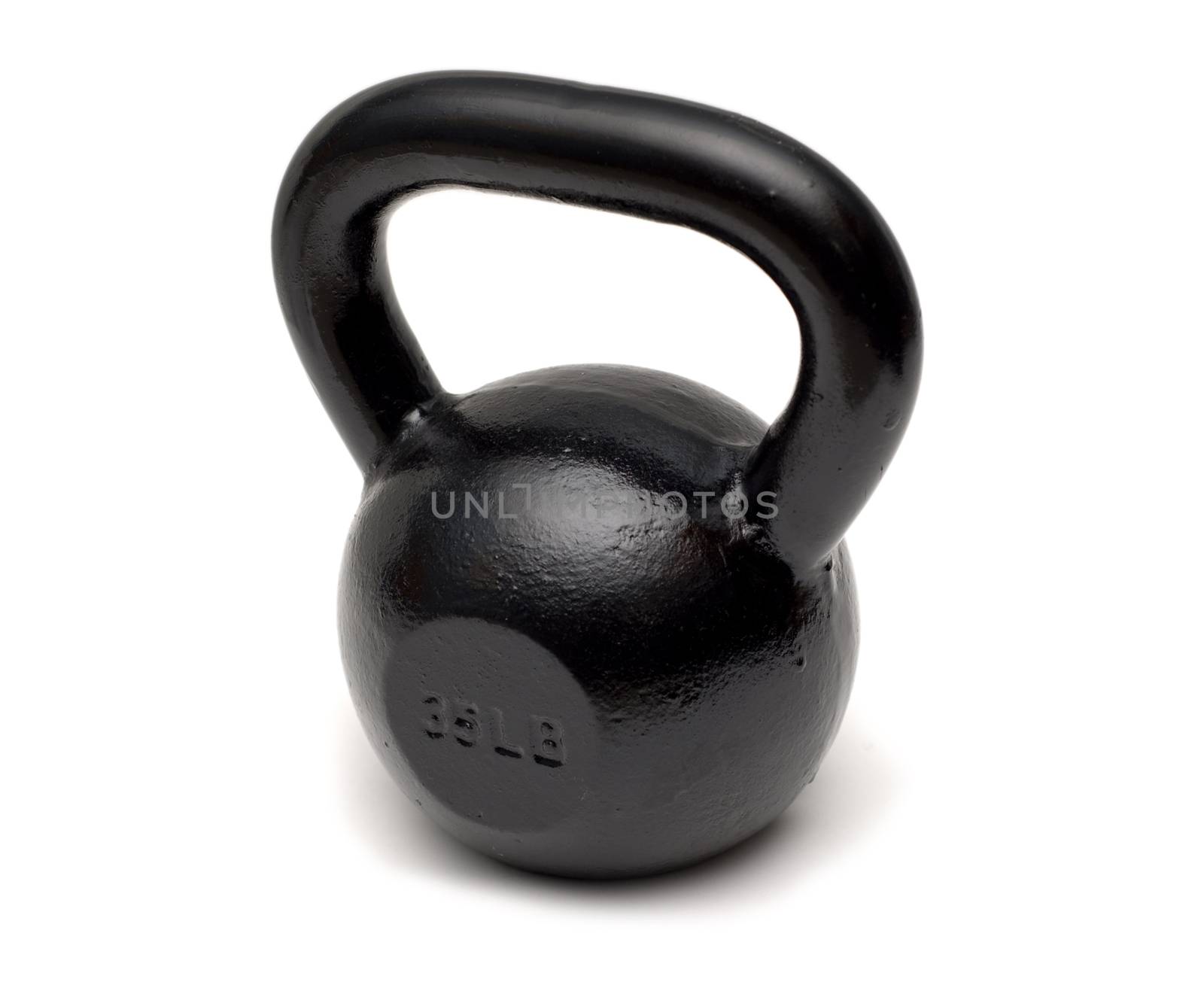 A 35-pound black cast iron kettlebell on a white background.