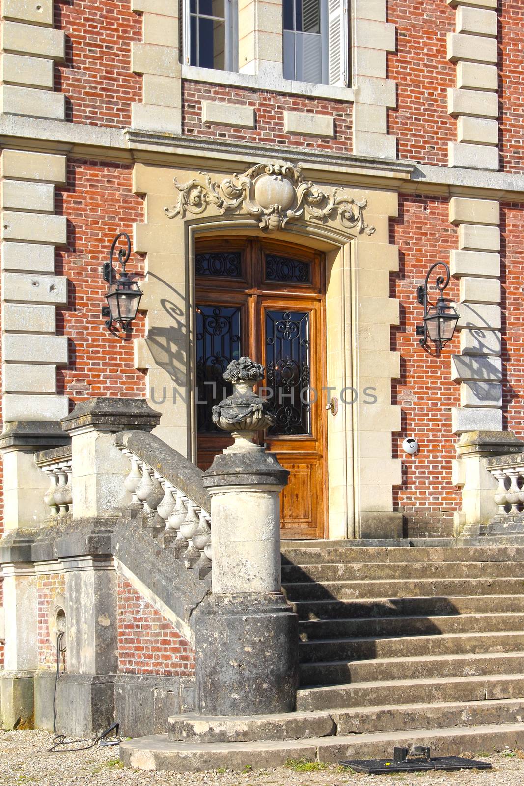 Close-up view on entrance stairs of Golf club at Saint Saens, France