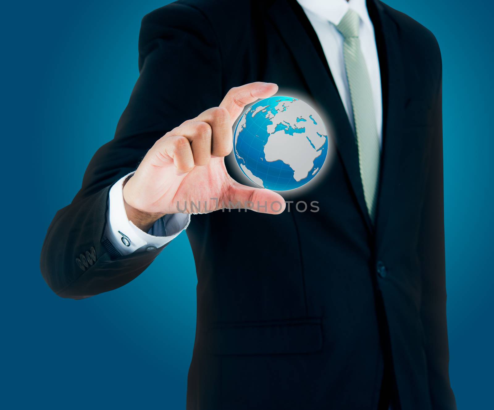 Businessman standing posture hand holding Earth icon isolated by Sorapop