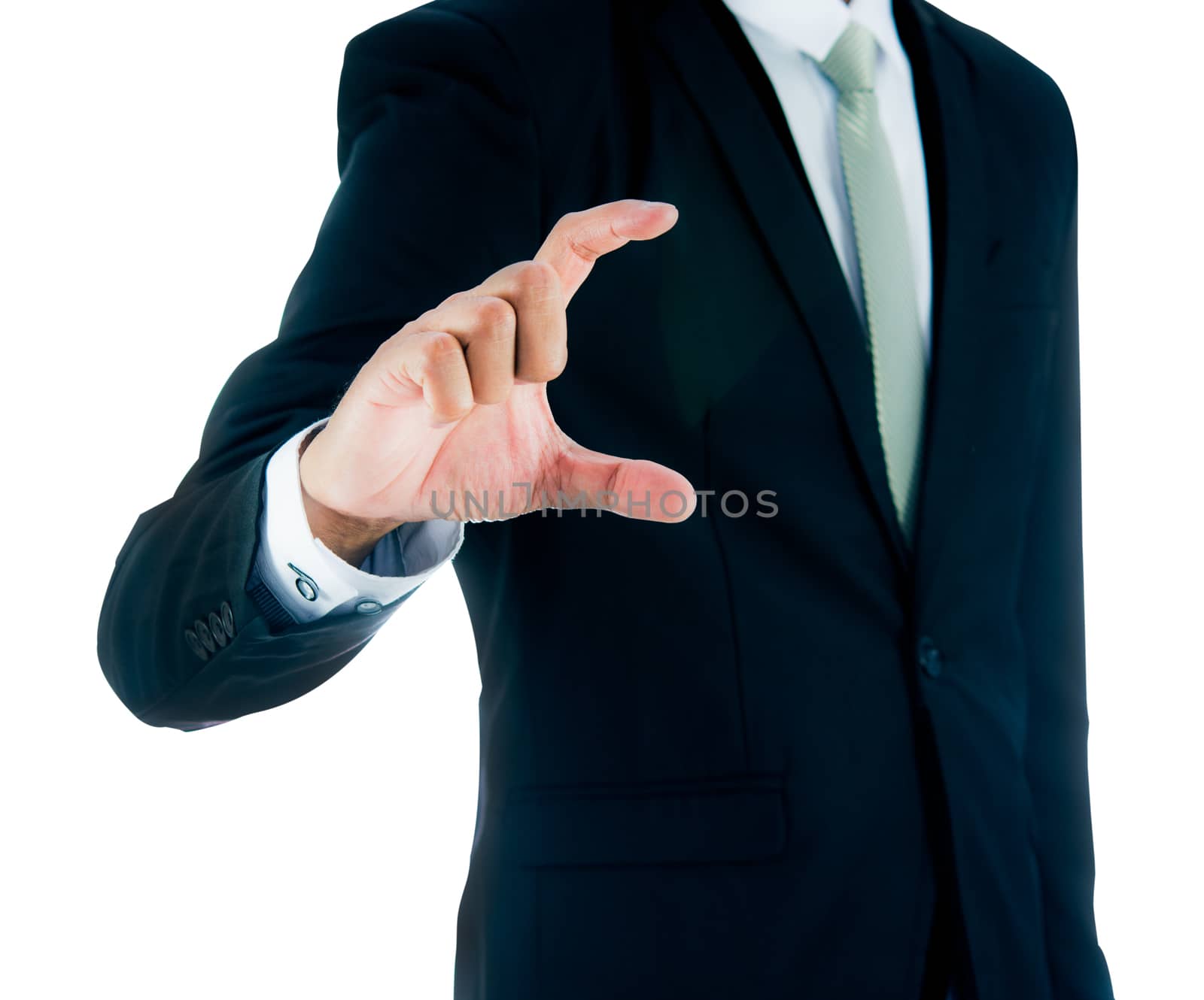 Businessman standing posture show hand isolated on over white background