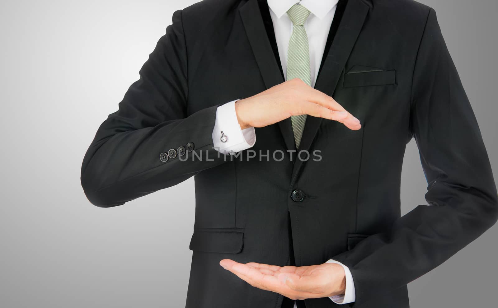 Businessman standing posture show hand isolated on over gray background