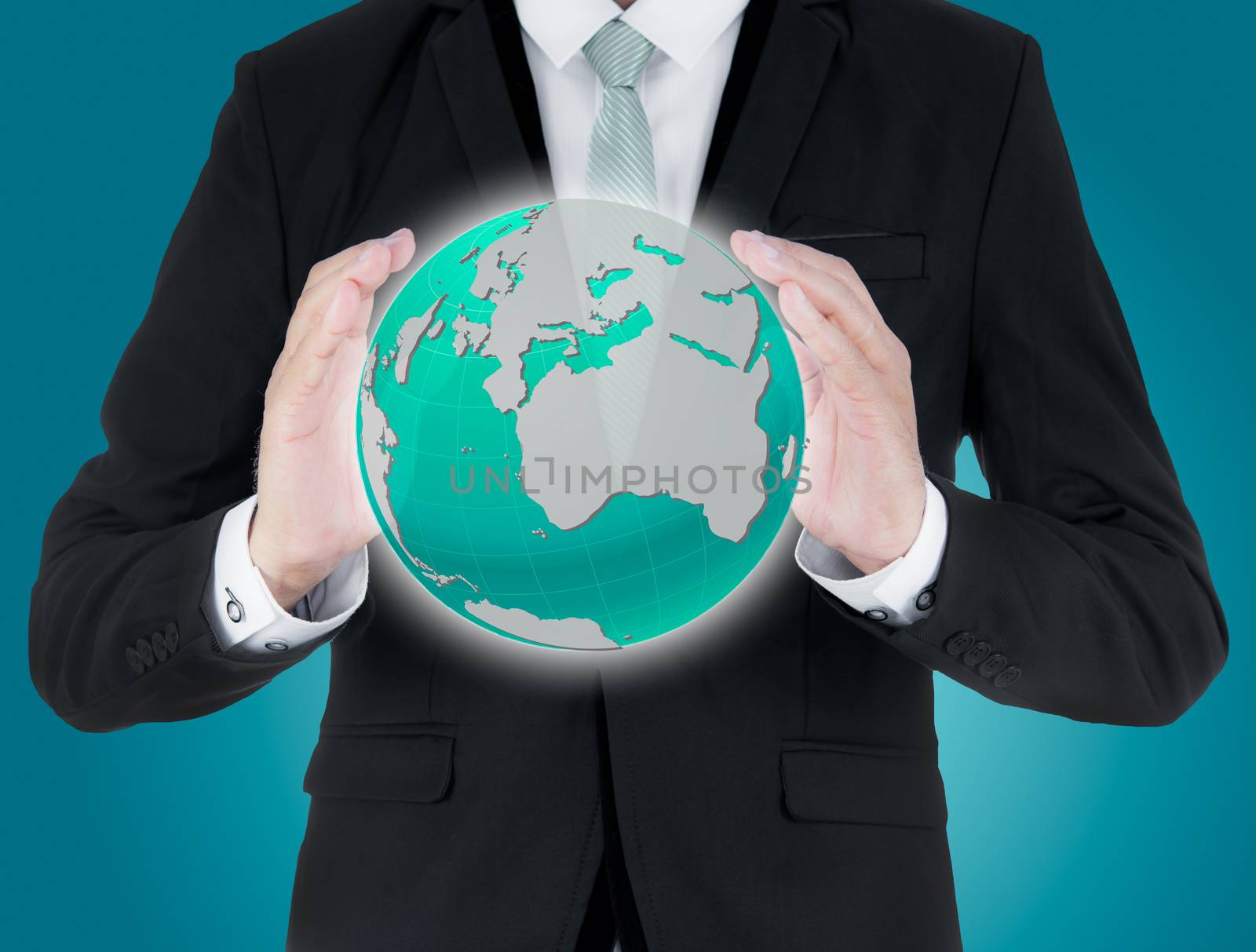 Businessman standing posture hand holding Earth icon isolated by Sorapop