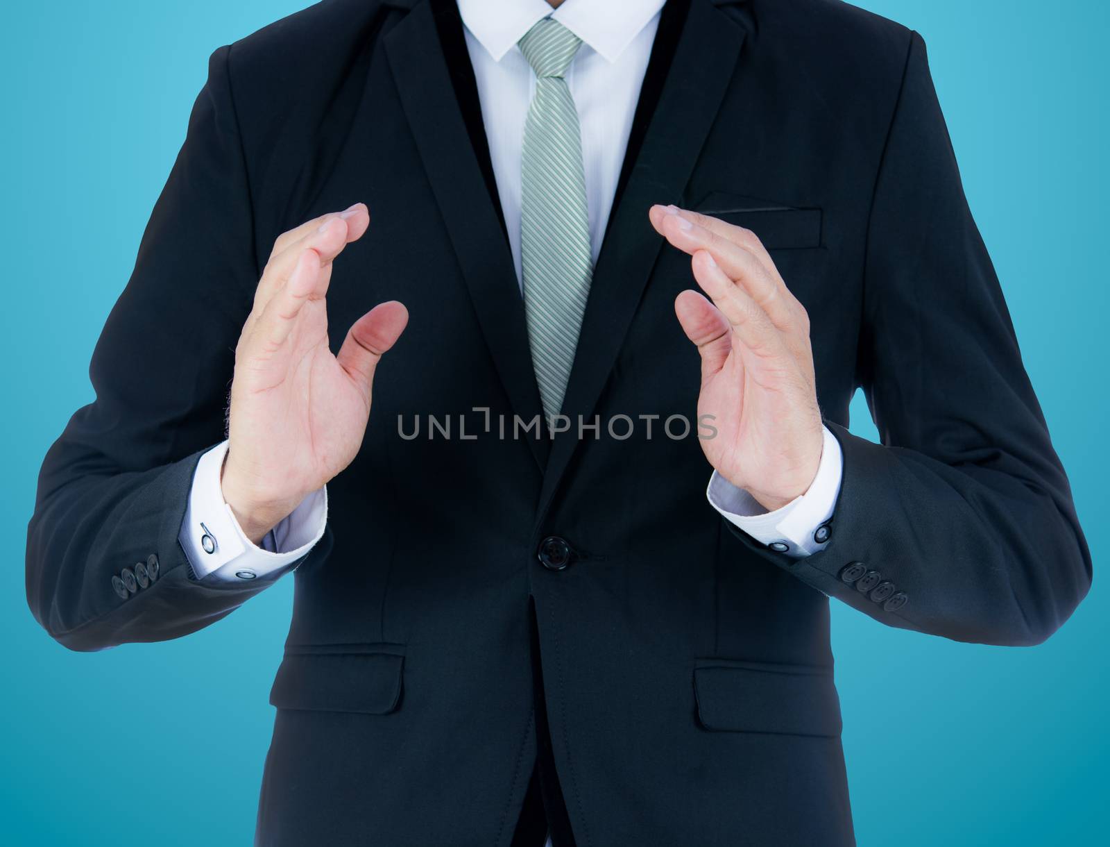 Businessman standing posture show hand isolated on over blue background