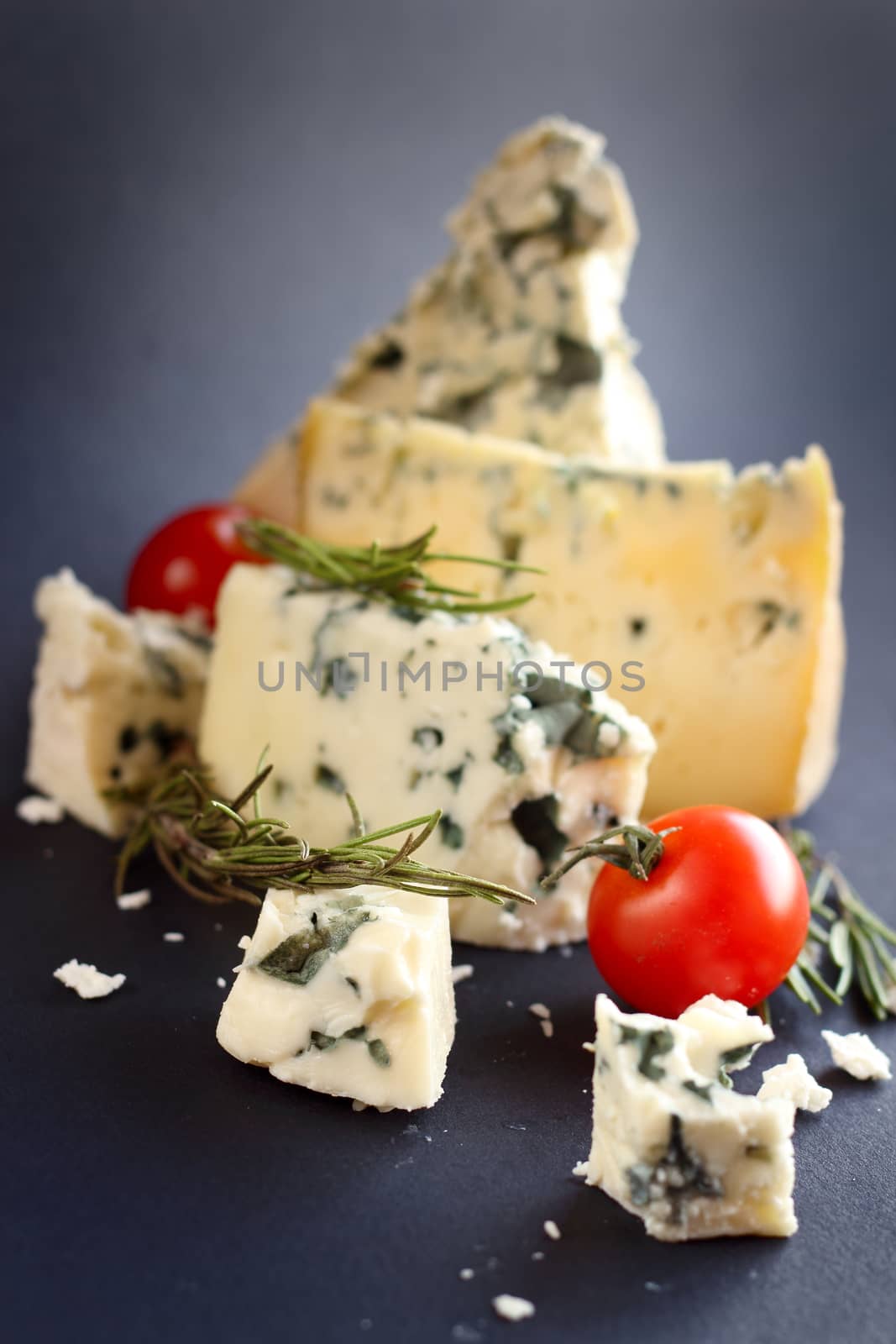 Roquefort cheese composition on dark background