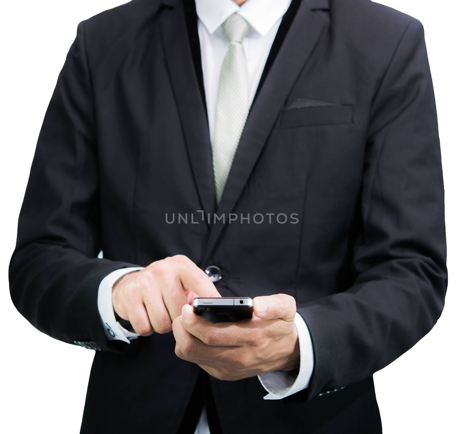 Businessman standing posture hand hold phone isolated on over white background