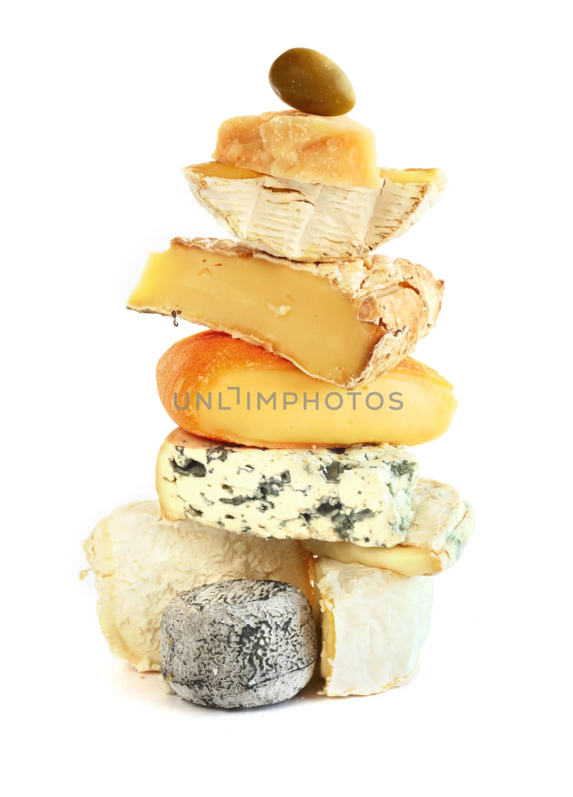 Stack of assorted cheese isolated on white background