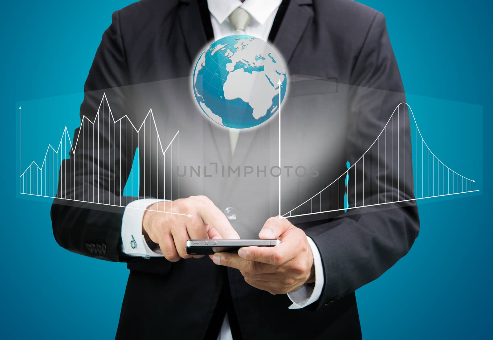 Businessman standing posture hand hold mobile phone analyze grap by Sorapop