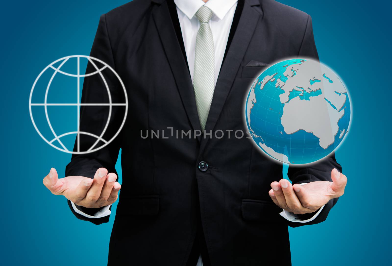 Businessman standing posture hand holding Earth icon isolated on over blue background