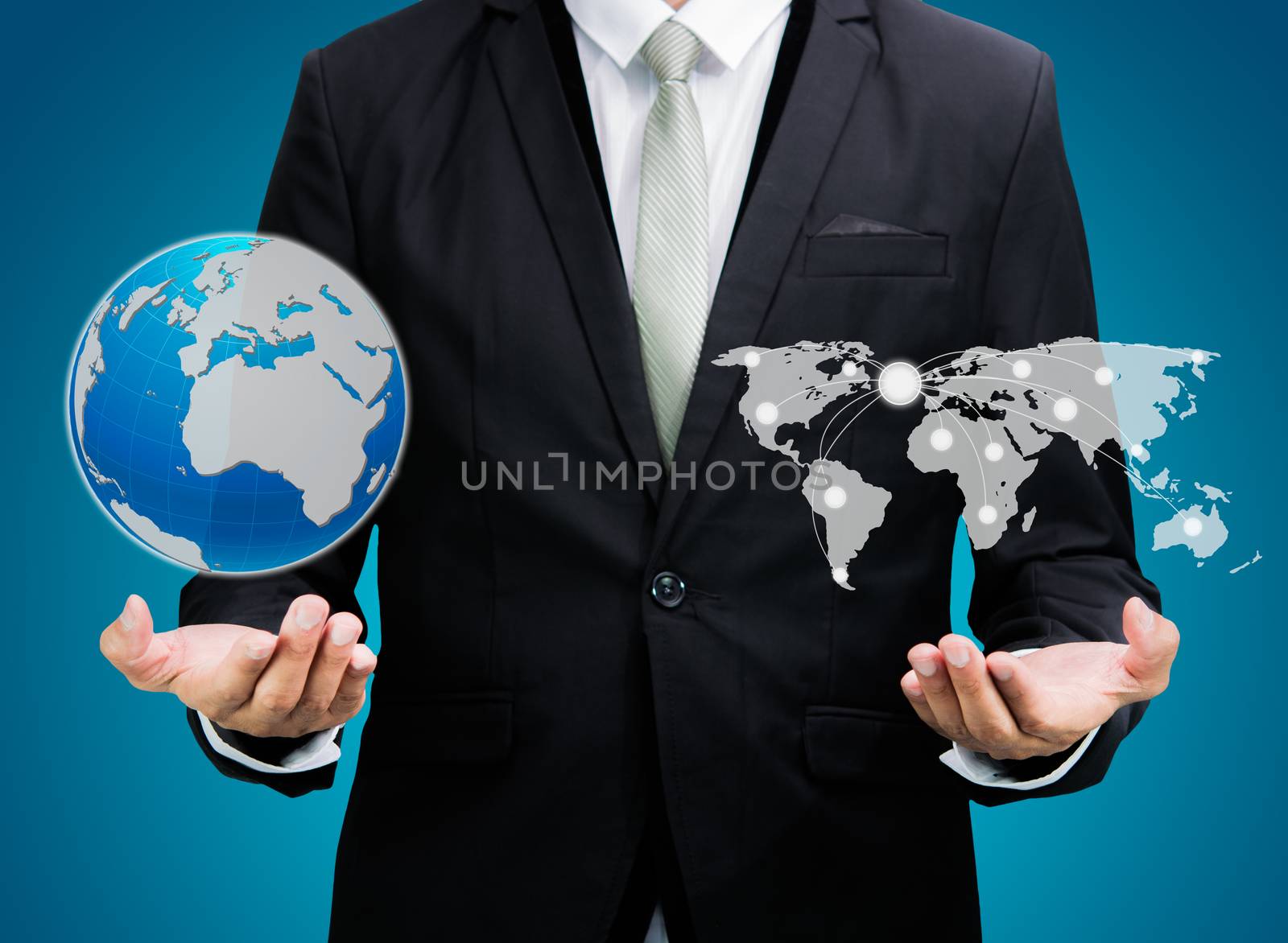 Businessman standing posture hand holding Earth icon isolated by Sorapop