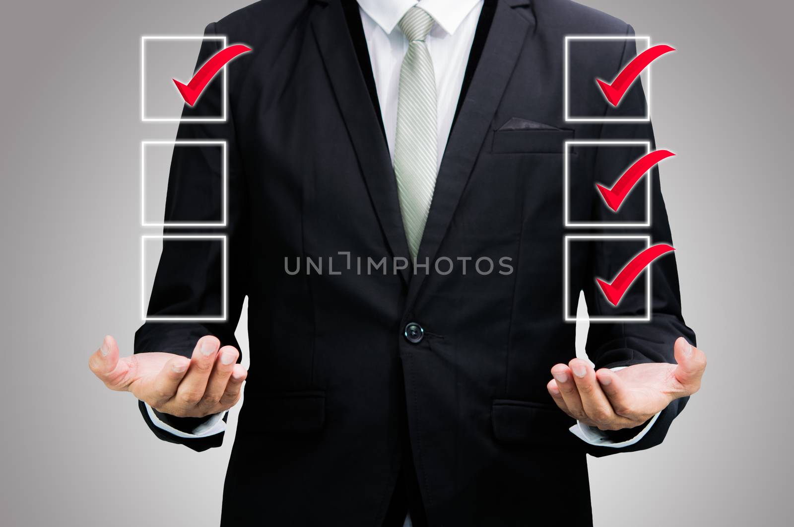 Businessman standing posture hand holding strategy flowchart iso by Sorapop