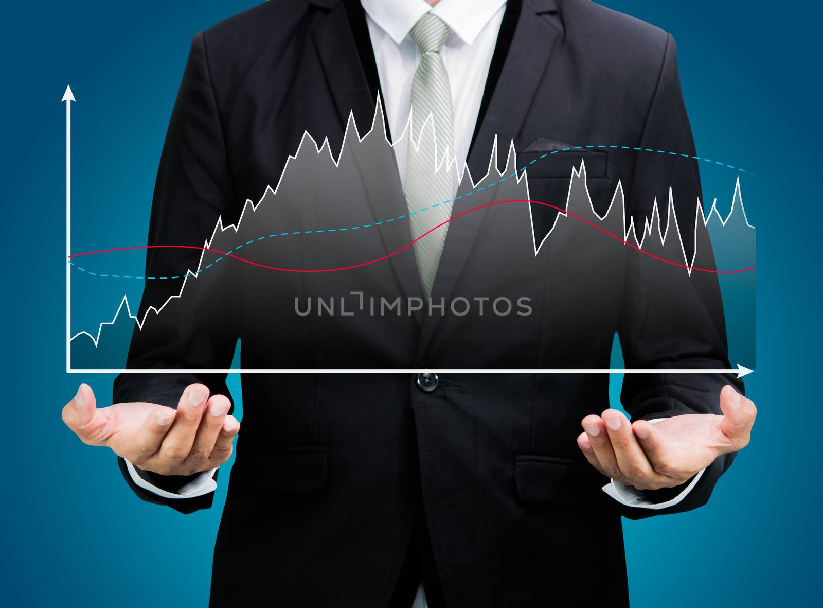 Businessman standing posture hand holding graph finance isolated on over blue background