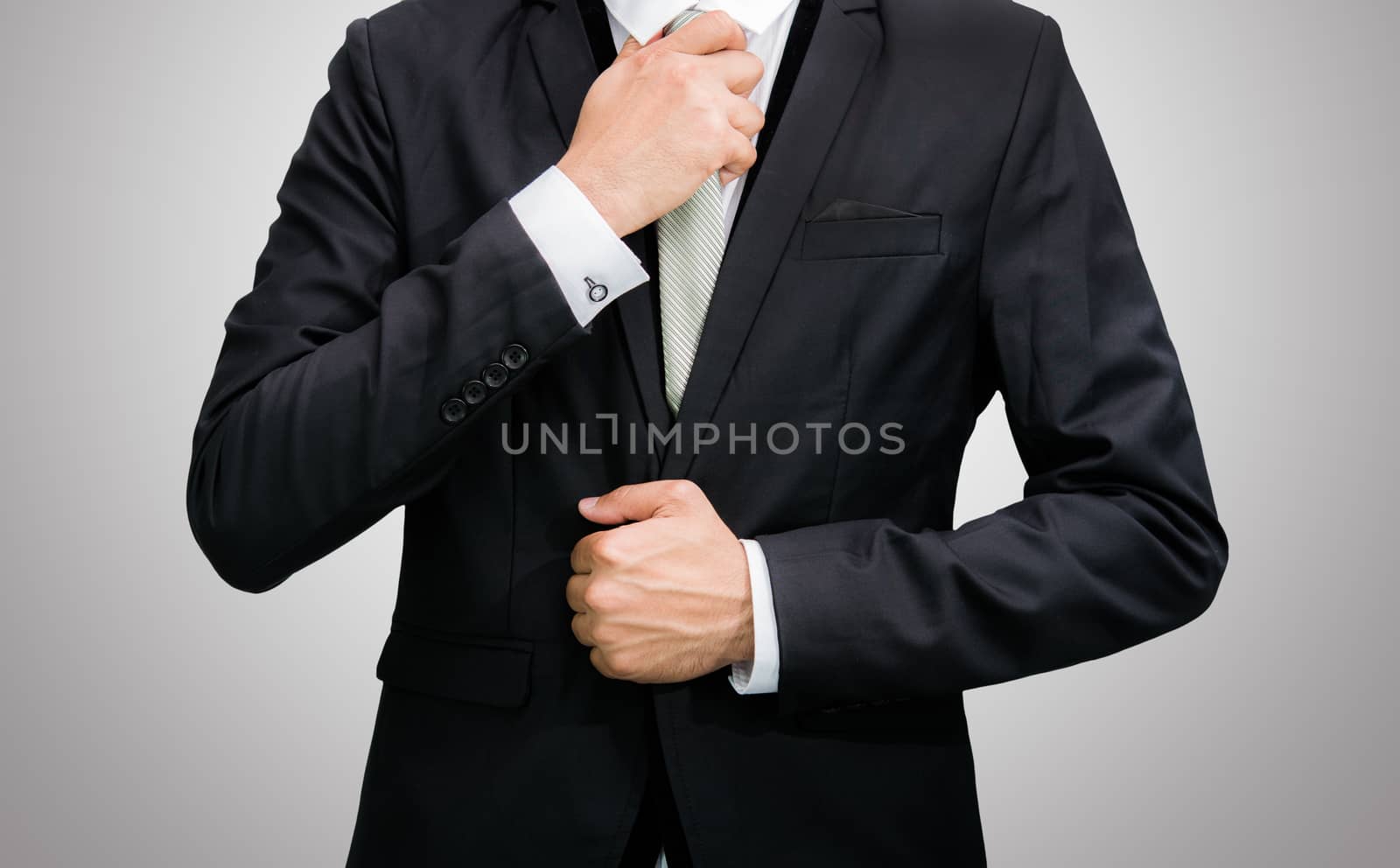 Businessman standing posture show hand isolated on over gray background