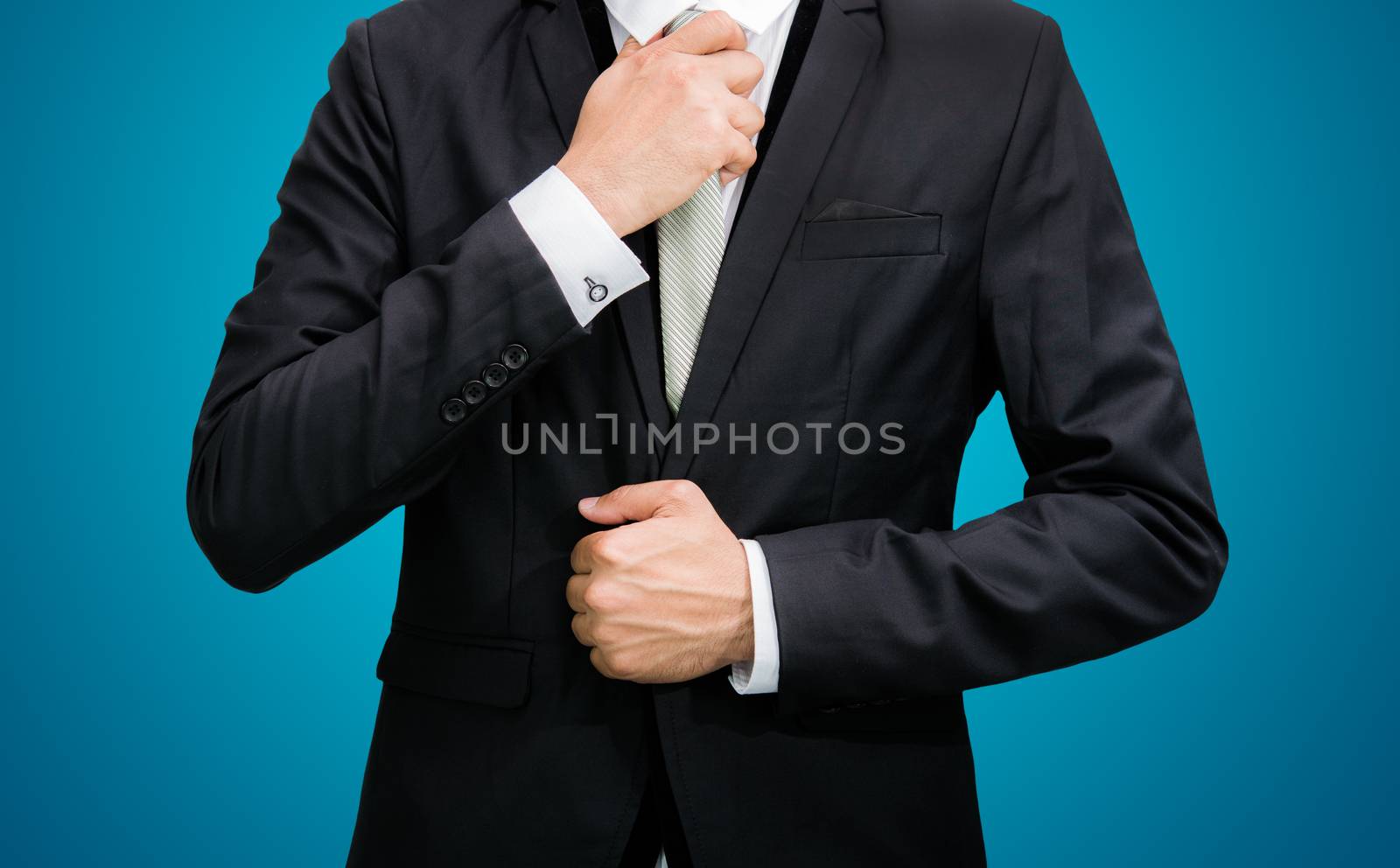 Businessman standing posture show hand isolated on over blue background