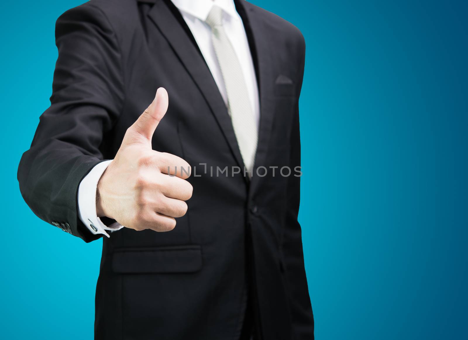 Businessman standing posture show hand isolated on over blue background