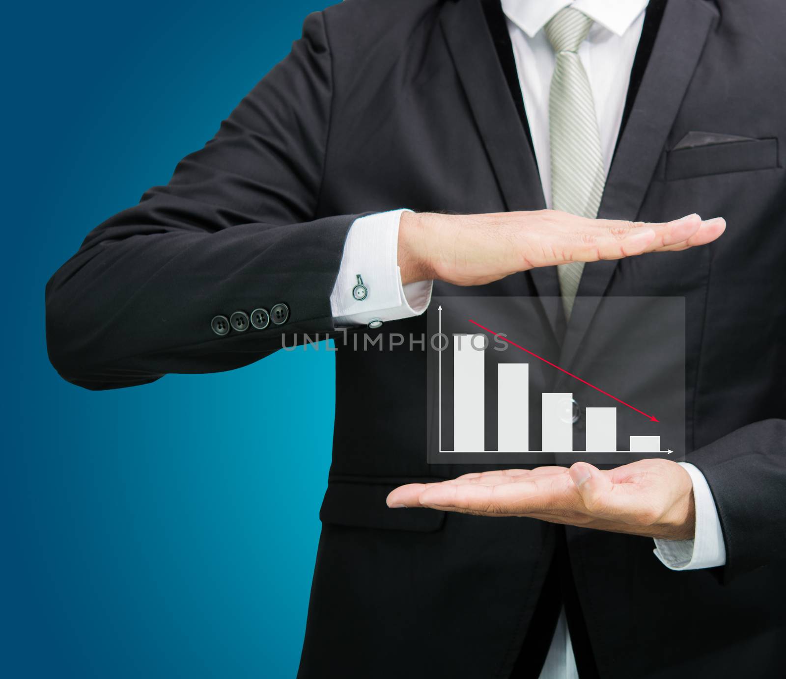 Businessman standing posture hand holding graph finance isolated by Sorapop