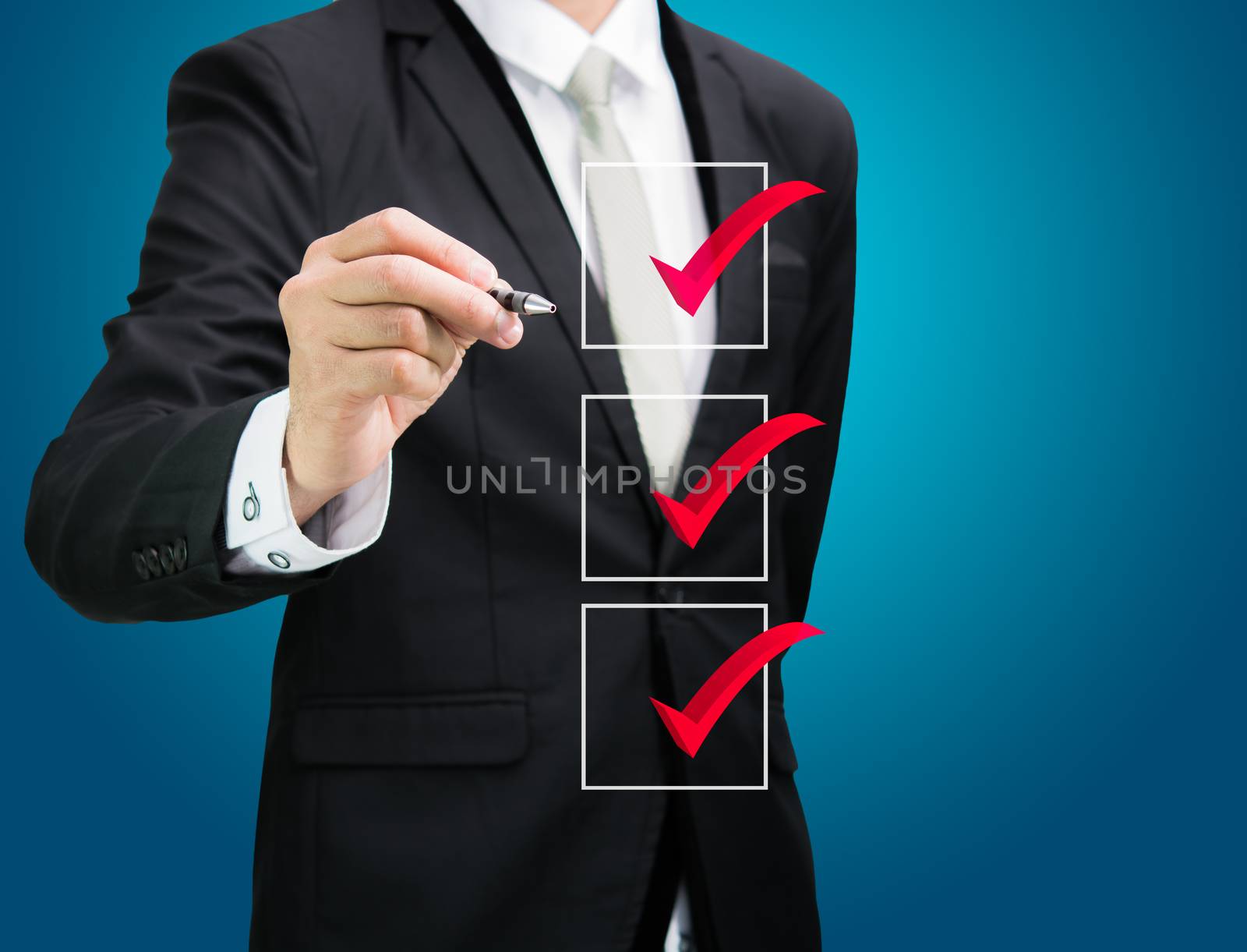 businessman checking mark checklist marker Isolated on blue background