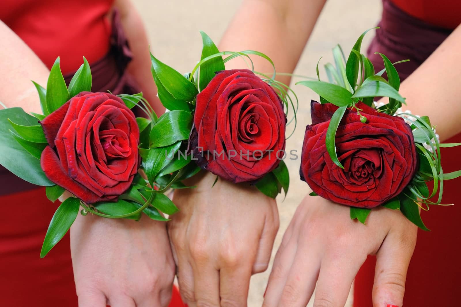 Three red roses worn on bridesmaids wrists.