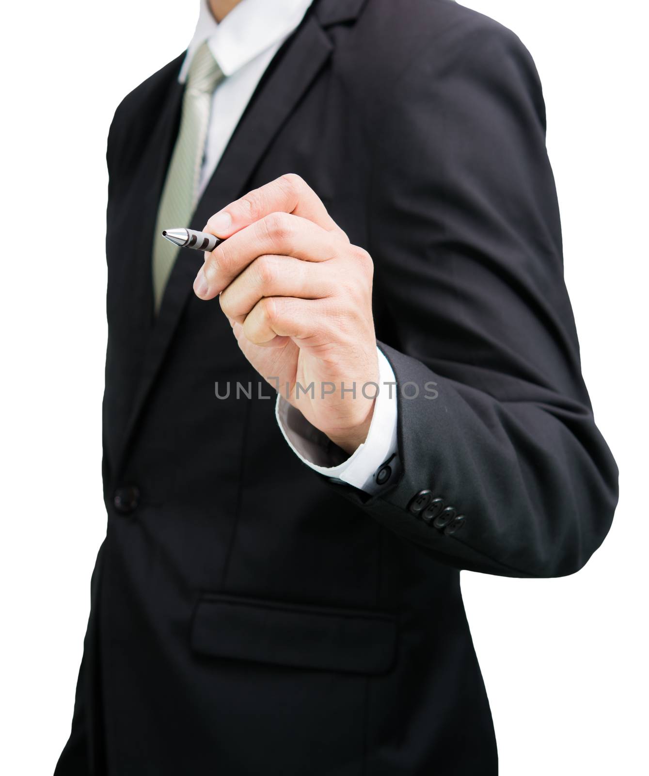 Businessman standing posture hand hold a pen isolated on over white background