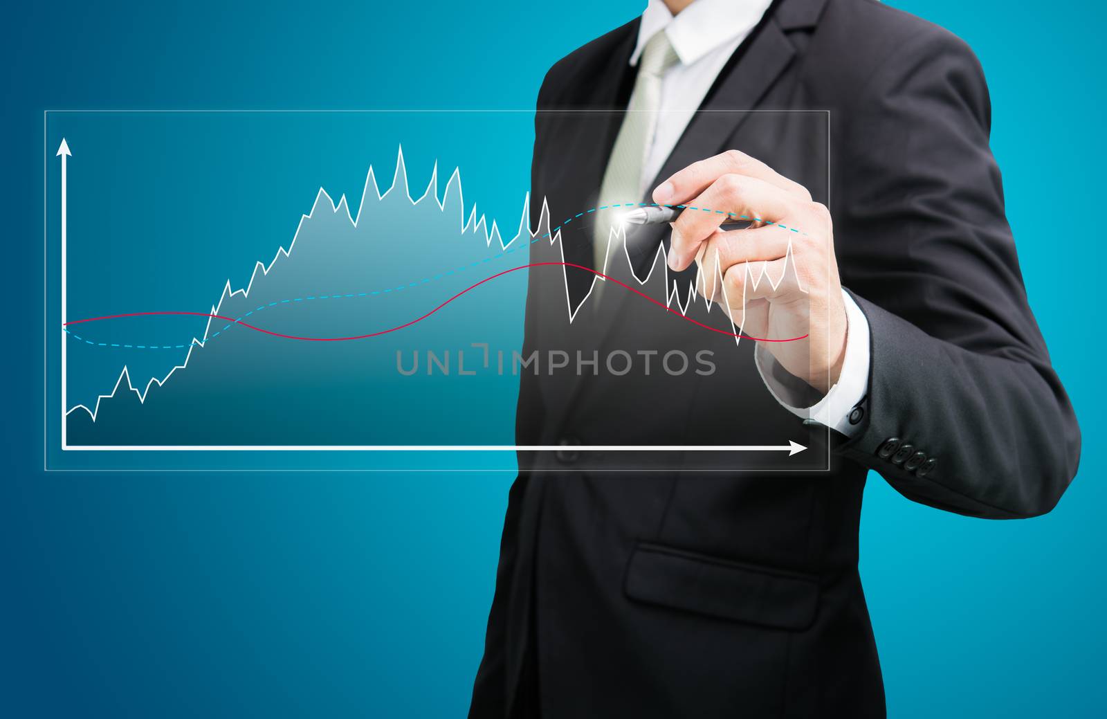 Businessman standing posture hand holding graph finance isolated by Sorapop