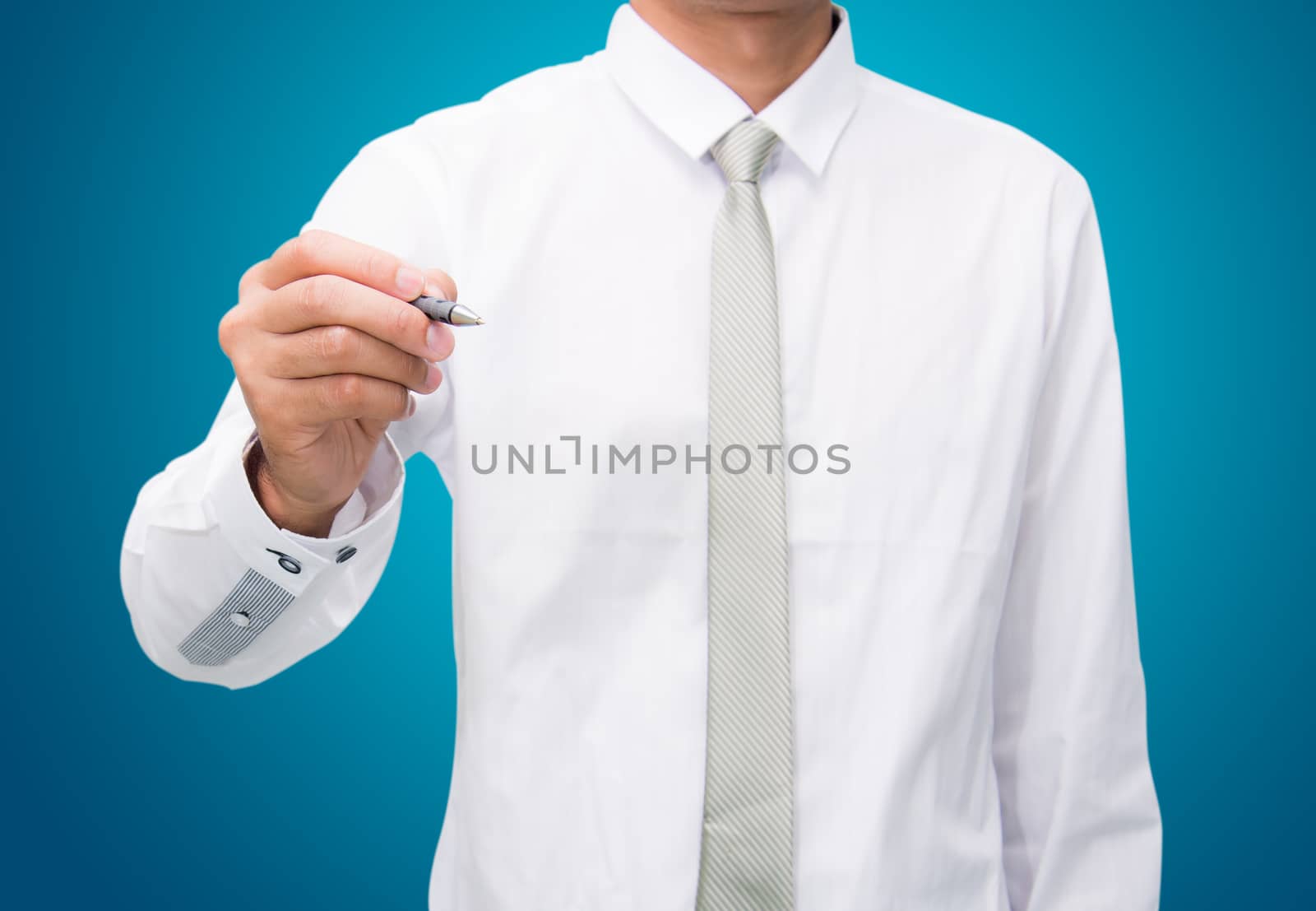 Businessman standing posture hand hold a pen isolated by Sorapop