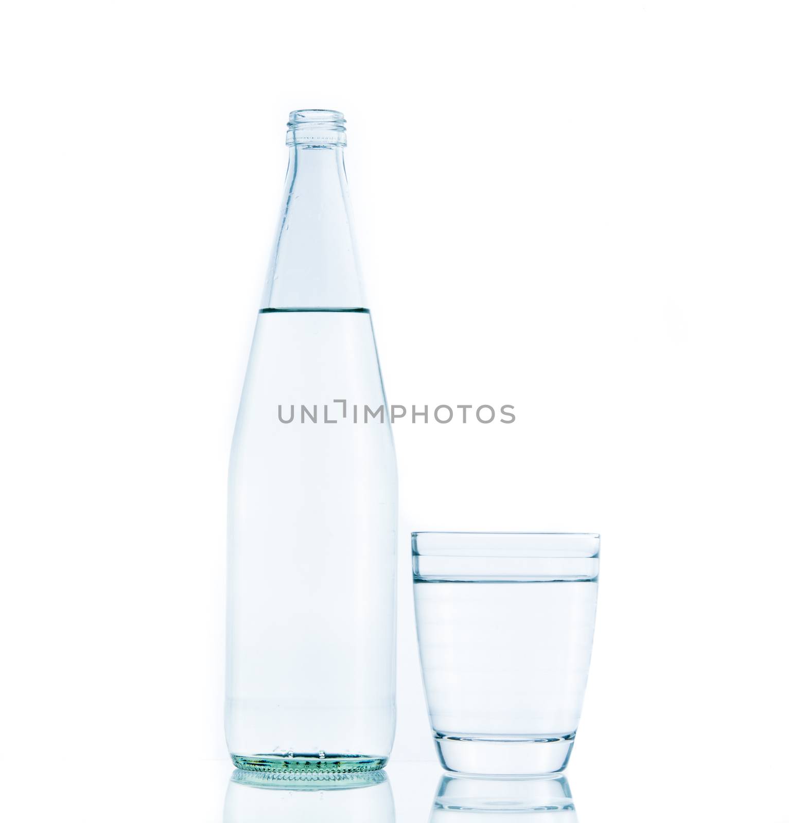 Bottle and Glass water clear isolate on over white background