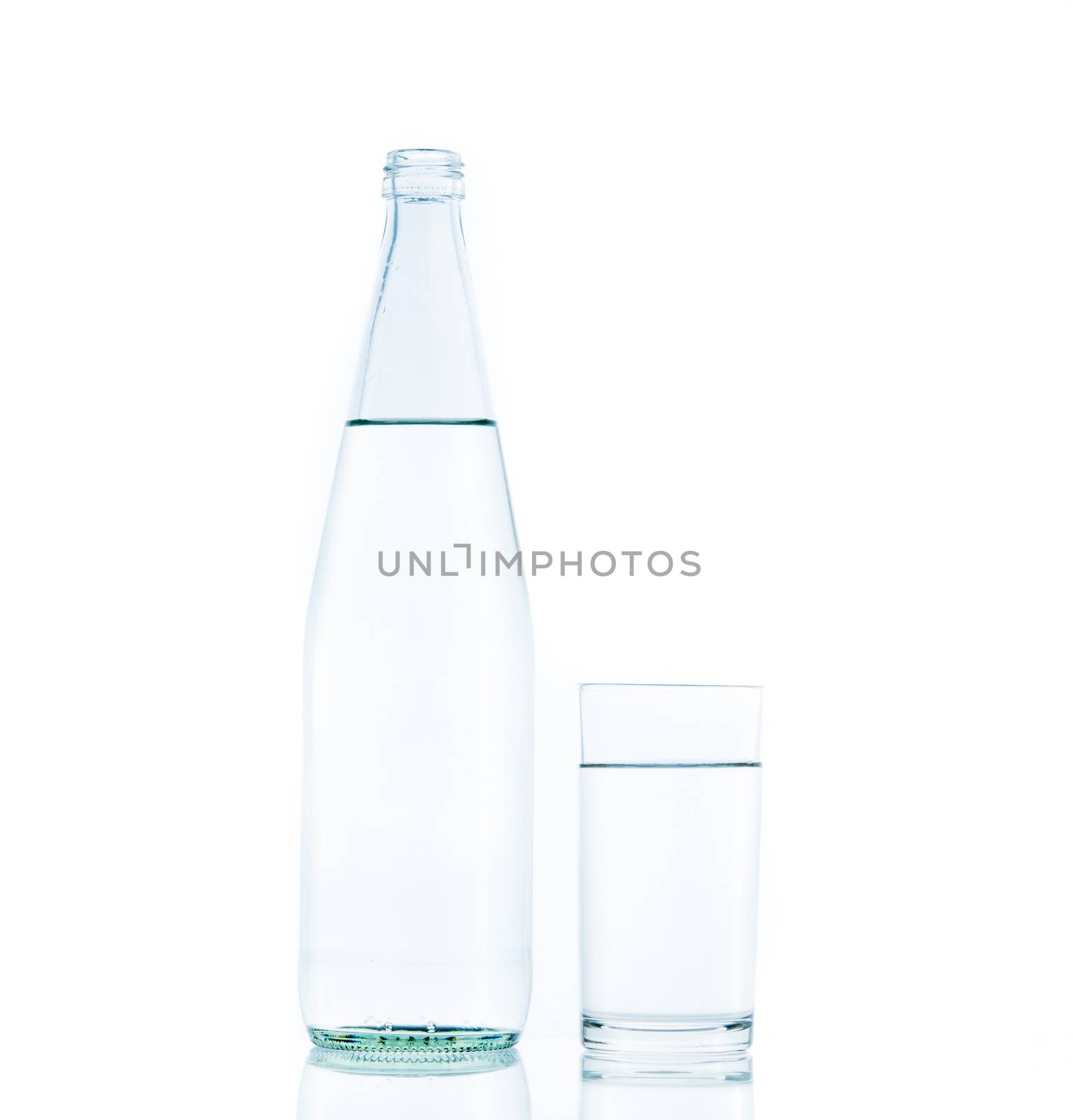 Bottle and Glass water clear isolate on over white background