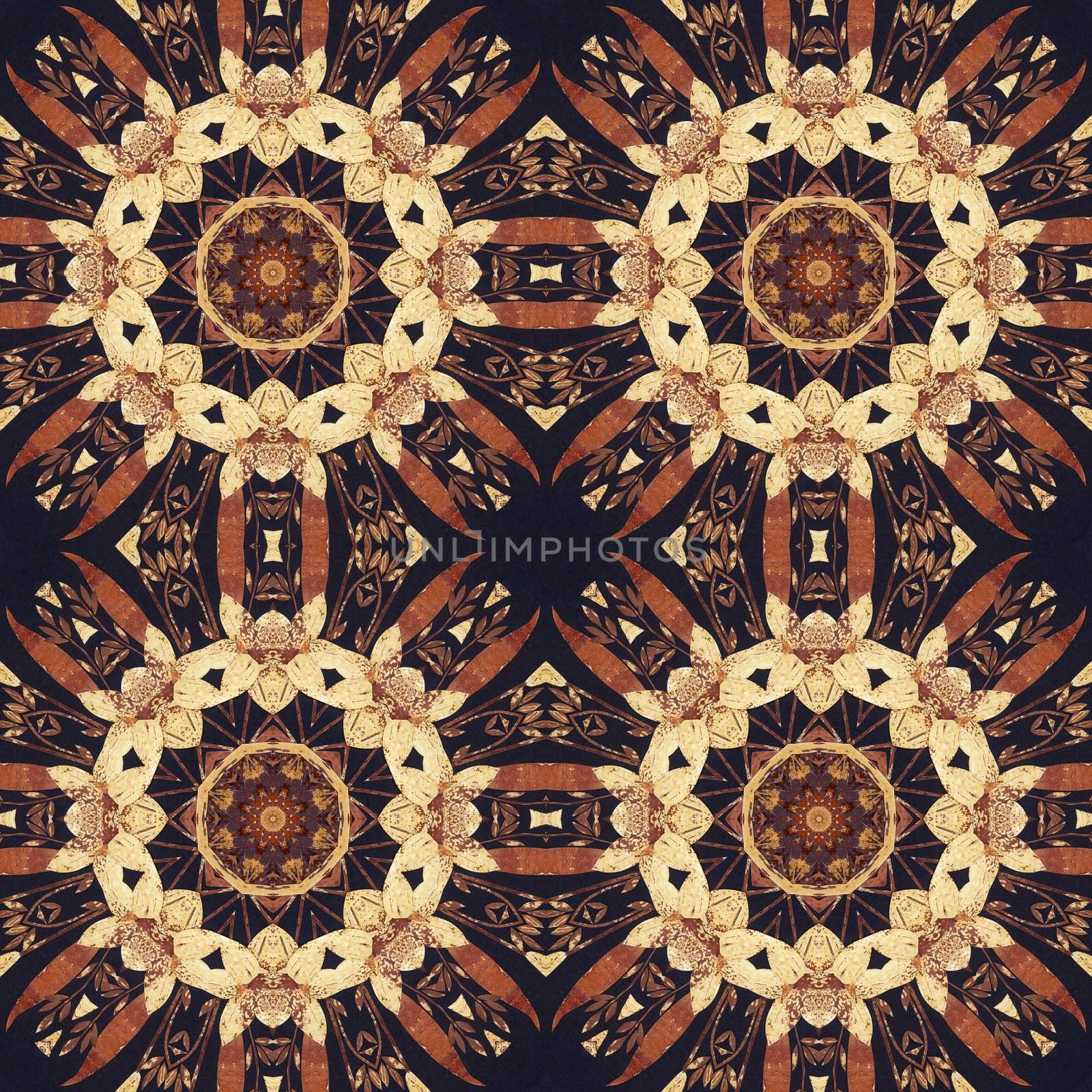 Abstract artistic pattern, seamless handmade floral ornament, applique from the back side of a birch bark on black fabric background