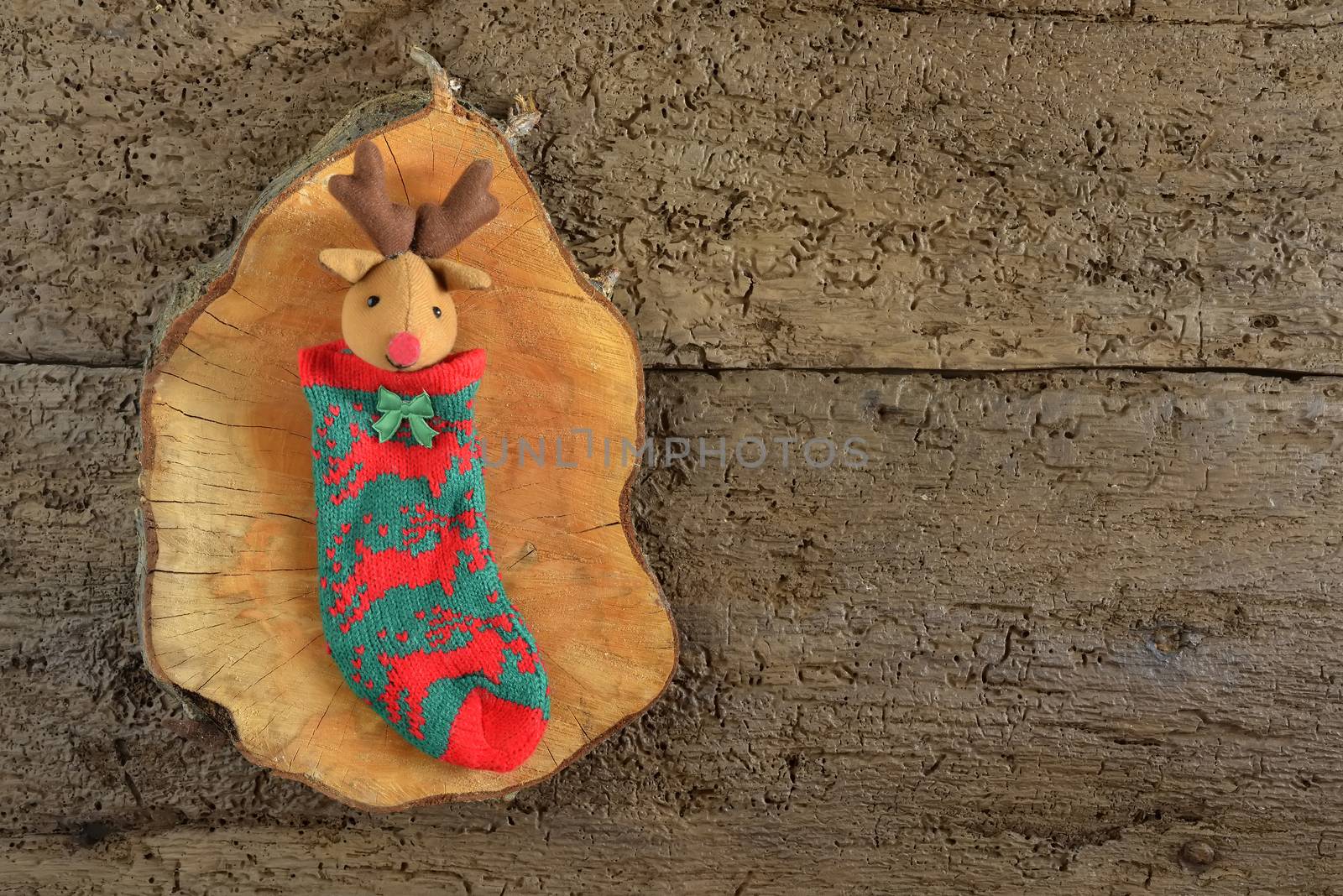 Reindeer sock rustic Christmas background by Carche