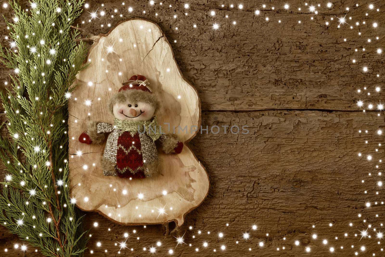 Christmas background snowman on wooden background copy space