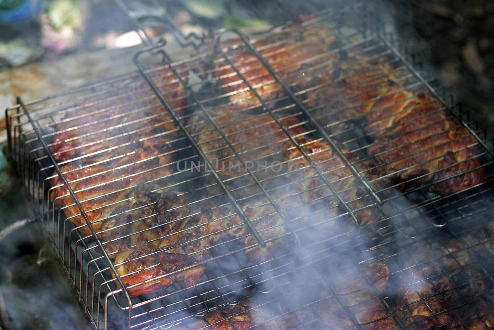 Barbeque fried on the bonfire and coals