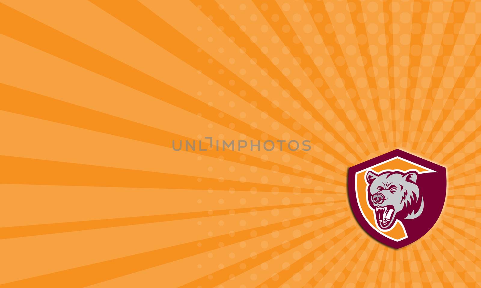 Business card showing illustration of a grizzly bear head set inside shield crest on isolated background done in retro style. 