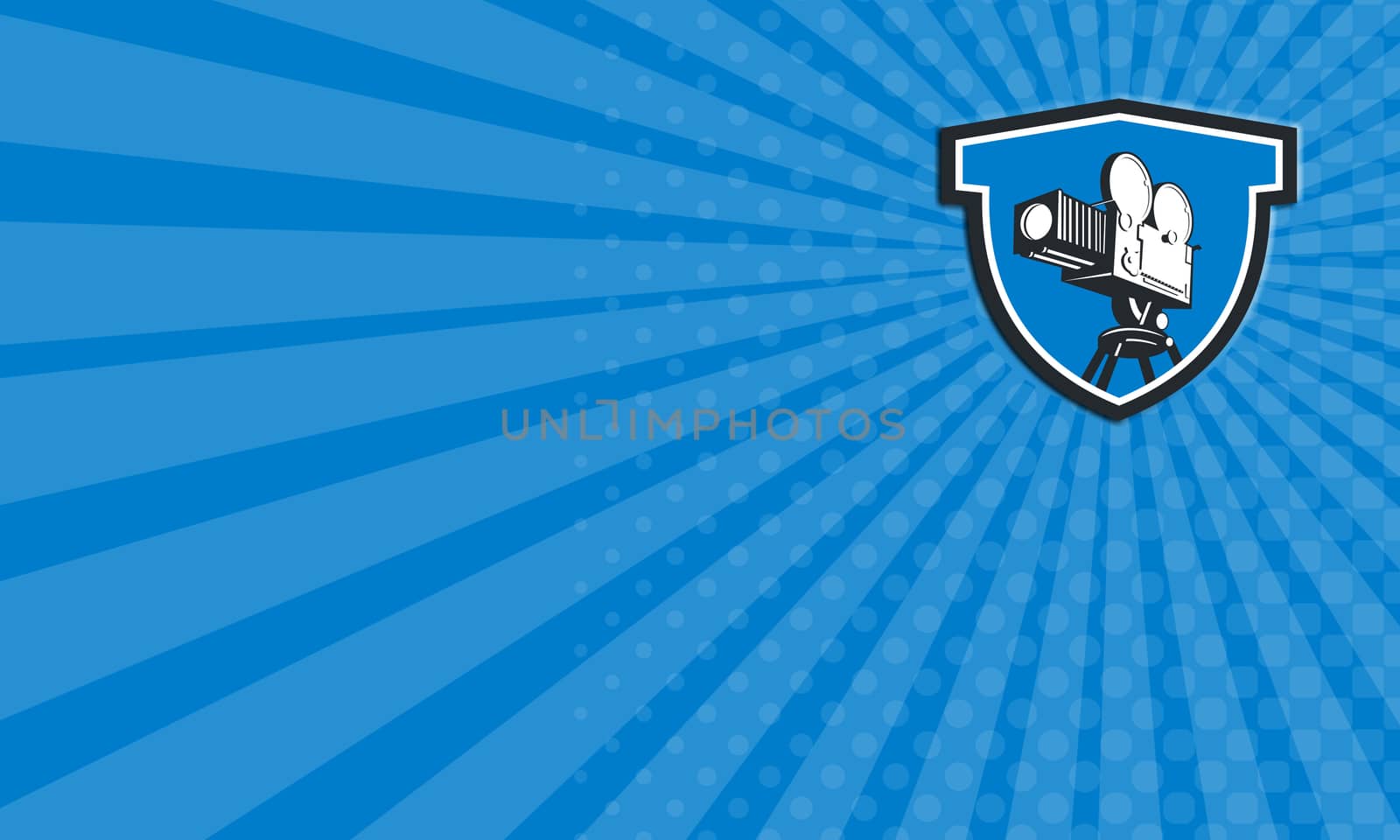 Business card showing illustration of a vintage movie film motion-picture camera set inside shield crest shape done in retro style.