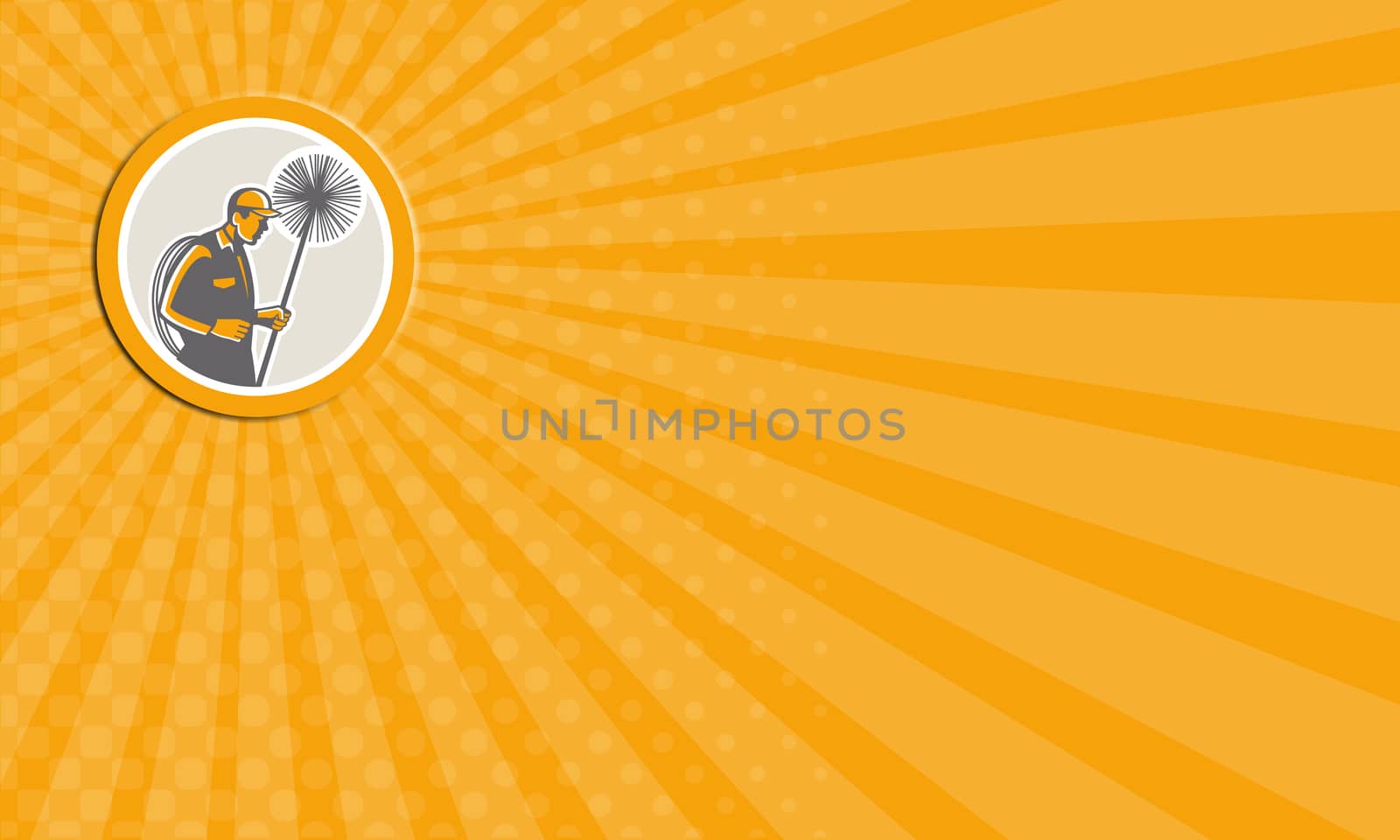 Business card showing illustration of a chimney sweep holding sweeper and rope viewed from side set inside circle on isolated background done in retro style.