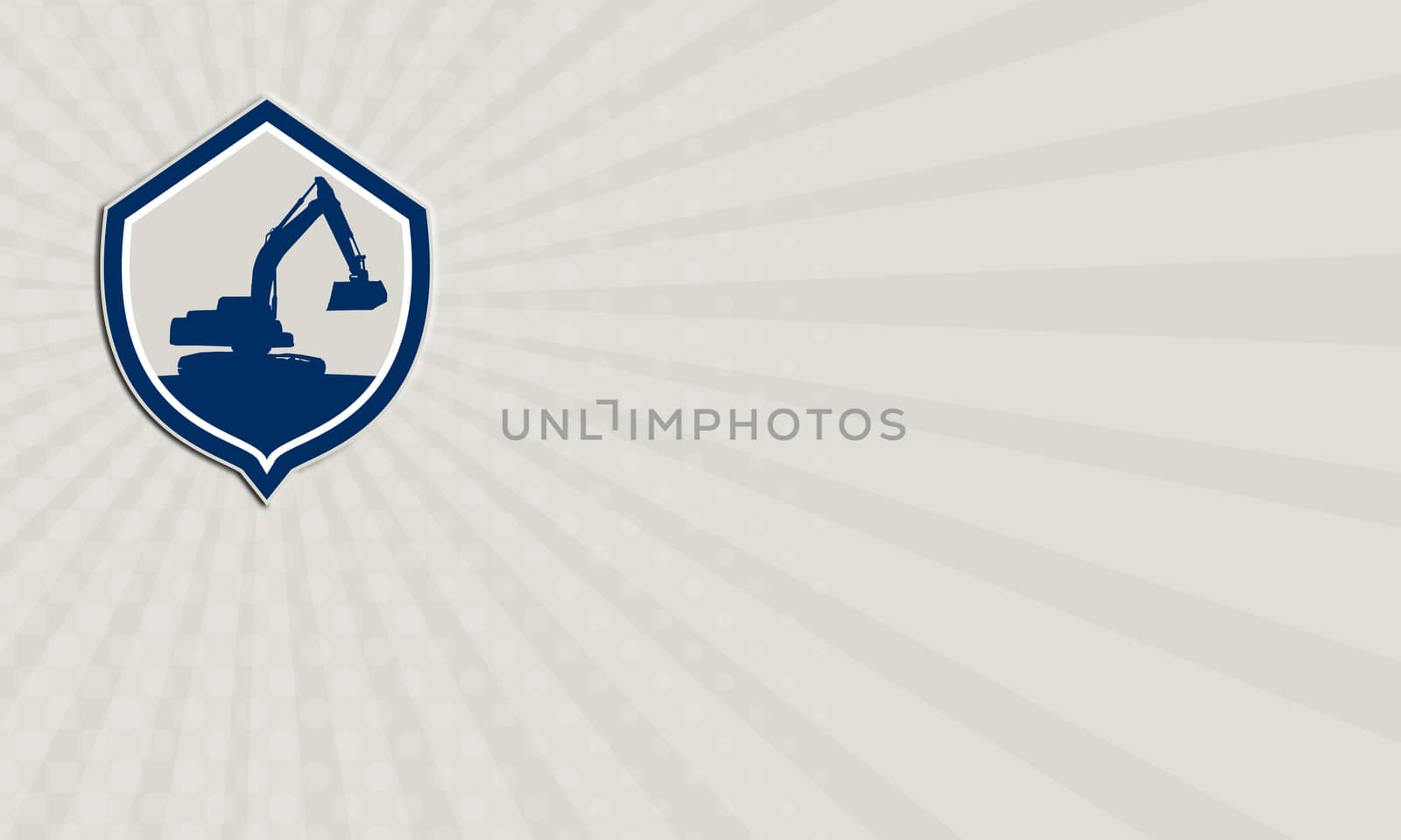 Business card showing illustration of a construction digger mechanical excavator silhouette set inside crest shield done in retro style on isolated background.