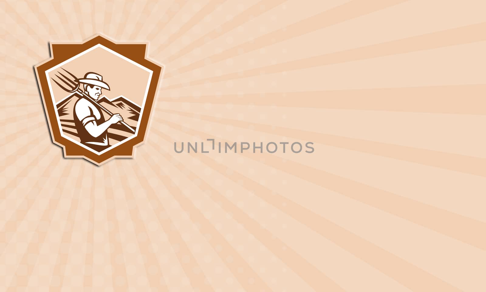 Business card showing illustration of organic farmer with pitchfork facing front set inside shield done in retro woodcut style
