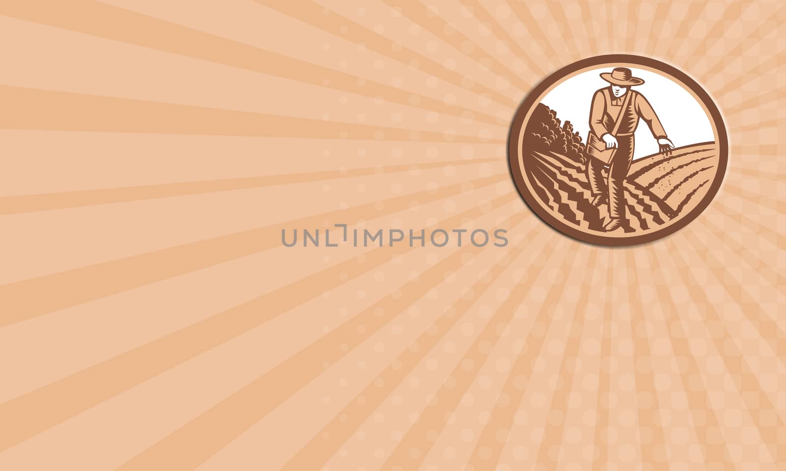 Business card showing illustration of organic farmer with satchel bag sowing seeds in farm field set inside oval shape done in retro woodcut style.