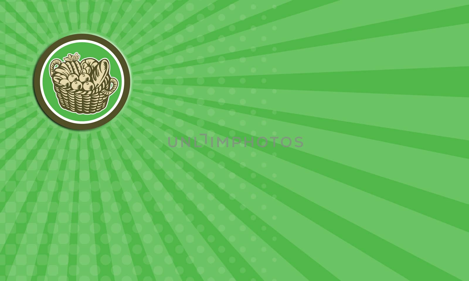 Business card showing illustration of a wicker basket full of crop harvest field with festive fruits, vegetables and bread set inside circle done in retro woodcut style on isolated background.